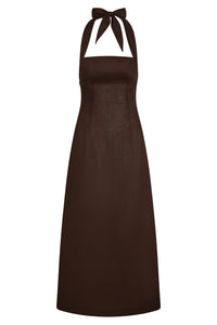 Front view of the espresso linen Montserrat Dress showcasing halter neckline and maxi length with a white background