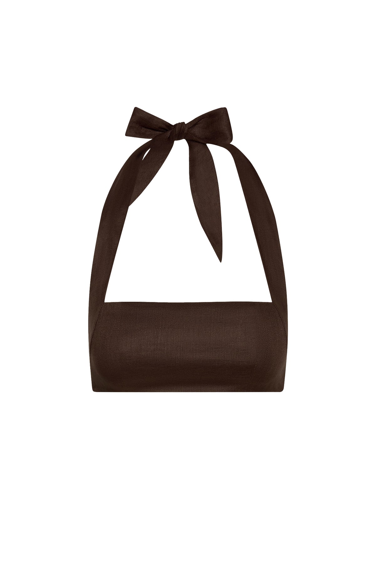 Front view of Montserrat Top in espresso linen showcasing adjustable halter ties and cropped fit against a white background