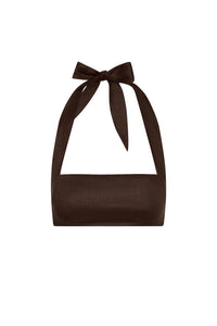 Front view of Montserrat Top in espresso linen showcasing adjustable halter ties and cropped fit against a white background