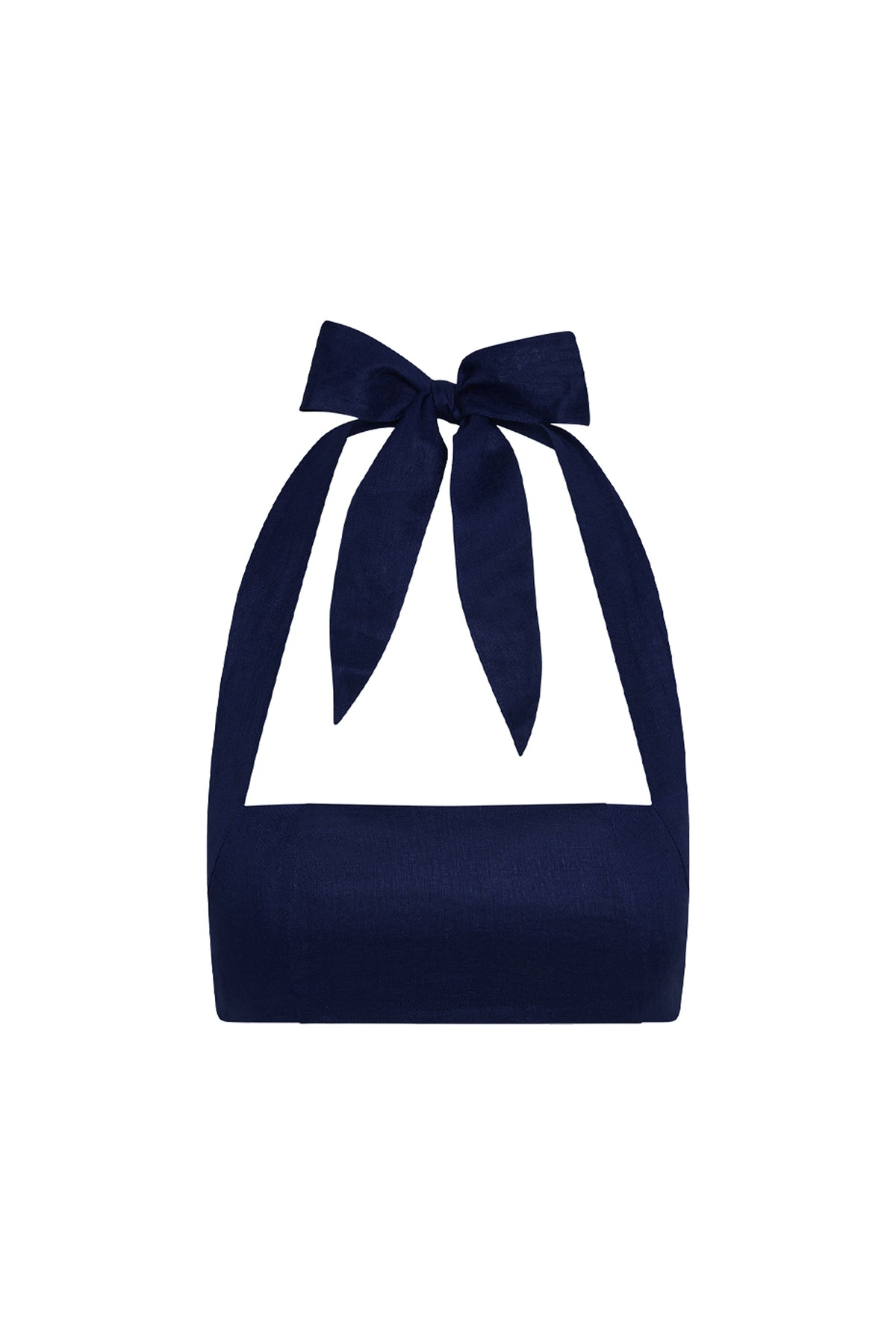 Back view of Montserrat Top in Midnight Linen showcasing adjustable halter ties and cropped fit against a white background