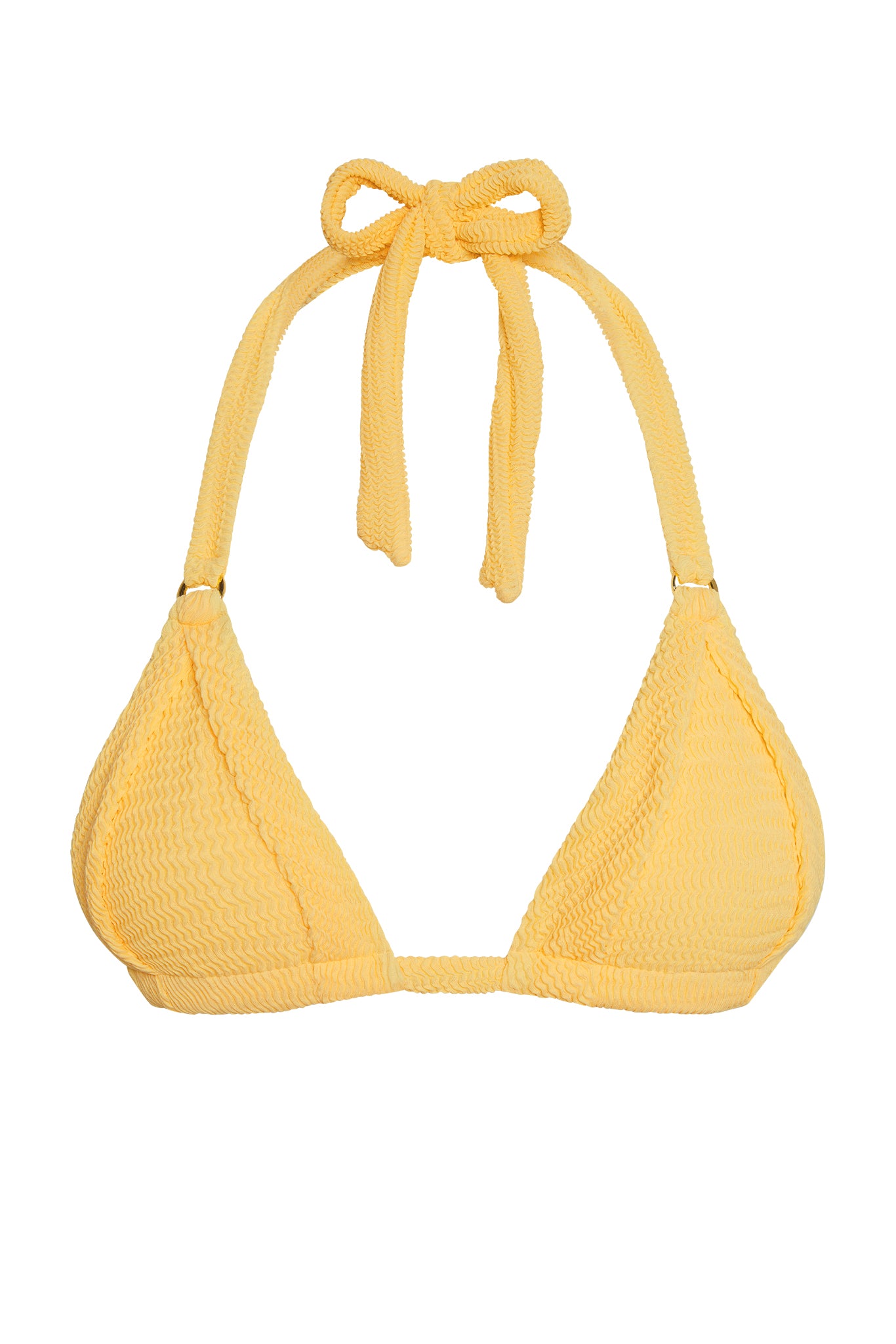 Yellow textured triangle bikini top with halter neck tie
