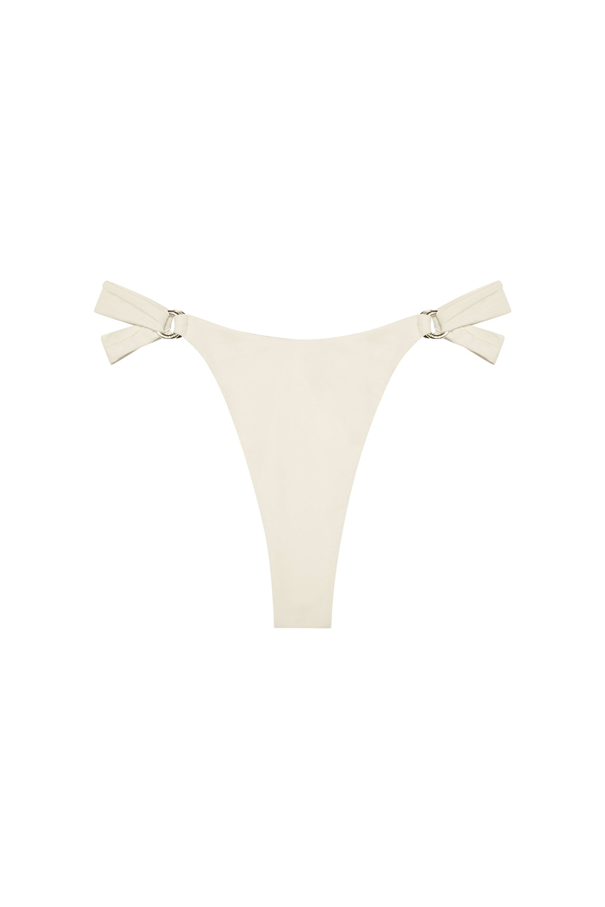 Front view of Morocco Bottom in ivory showcasing high-cut leg, minimal coverage, and gold ring side details on a white background
