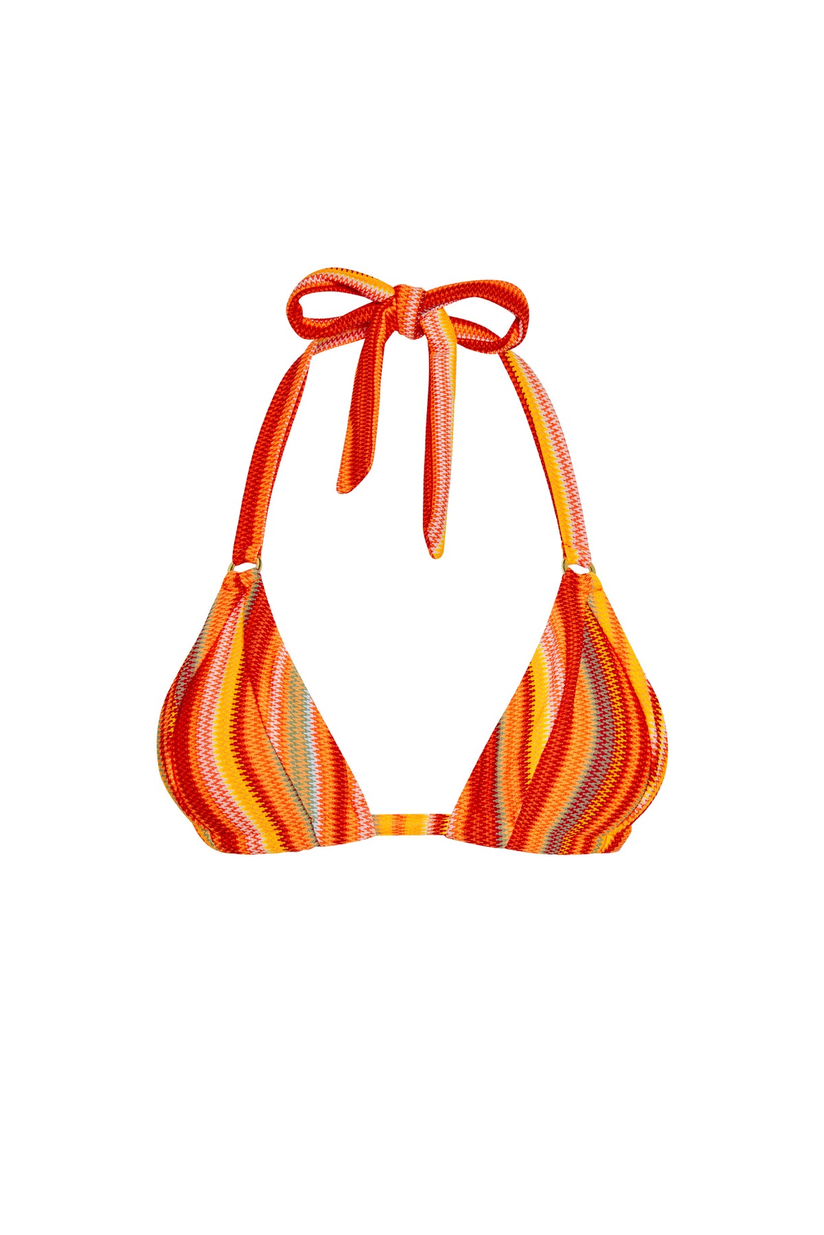 Front view of Morocco Top in Sardinia Stripe showcasing pleated cups, gold ring hardware, and adjustable neck ties on white background