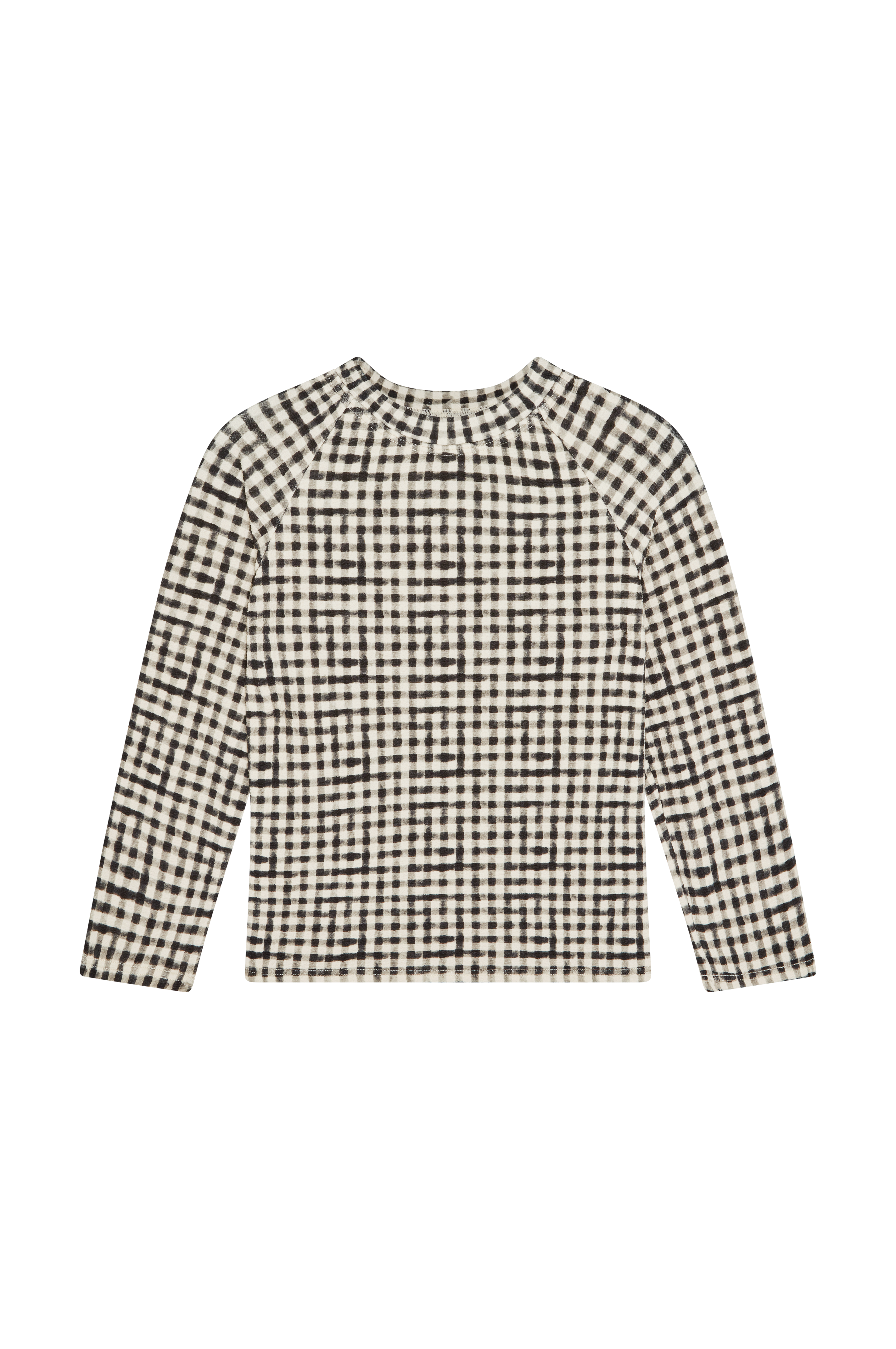 Long-sleeve crewneck top with black-and-white gingham check pattern, shown flat on black background.