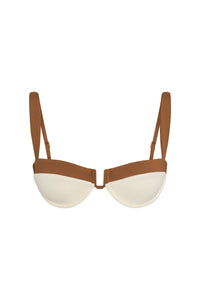 Front view of Cala Roja Top in ivory and caramel with molded underwire cups, U-shaped center and adjustable straps on white