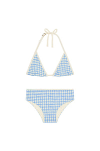 Front view of Palma Top and Seychelles Bottom Kids set showcasing sky gingham pattern and adjustable tie top on white background