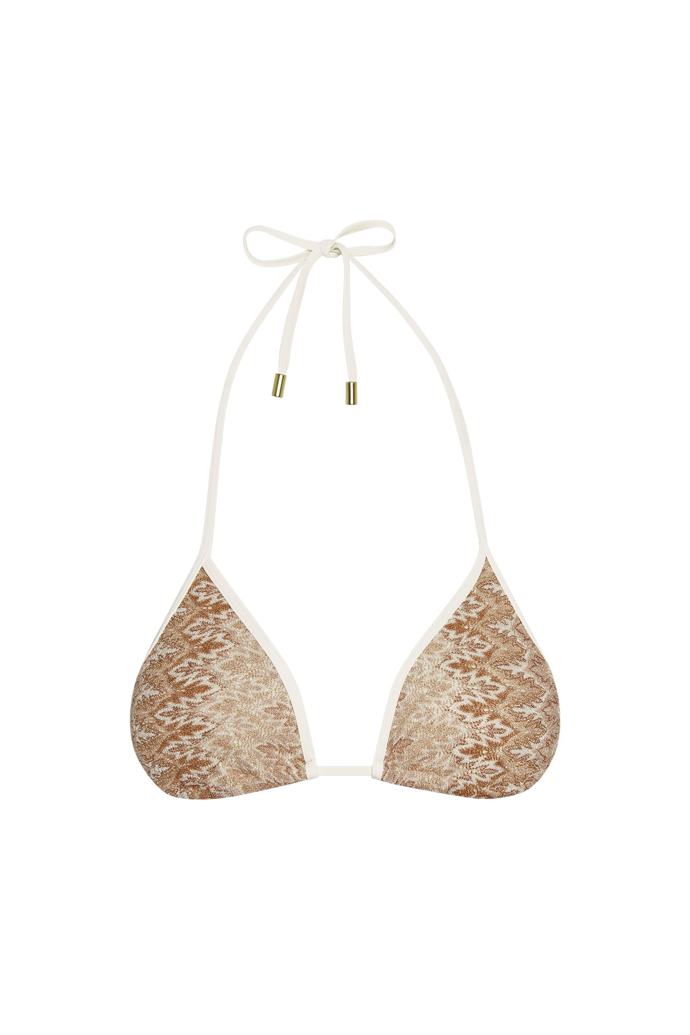 Front view of Palma Color Block top Porto Cervo Gold, triangle cups with cream trim and halter tie with gold metal tips on white