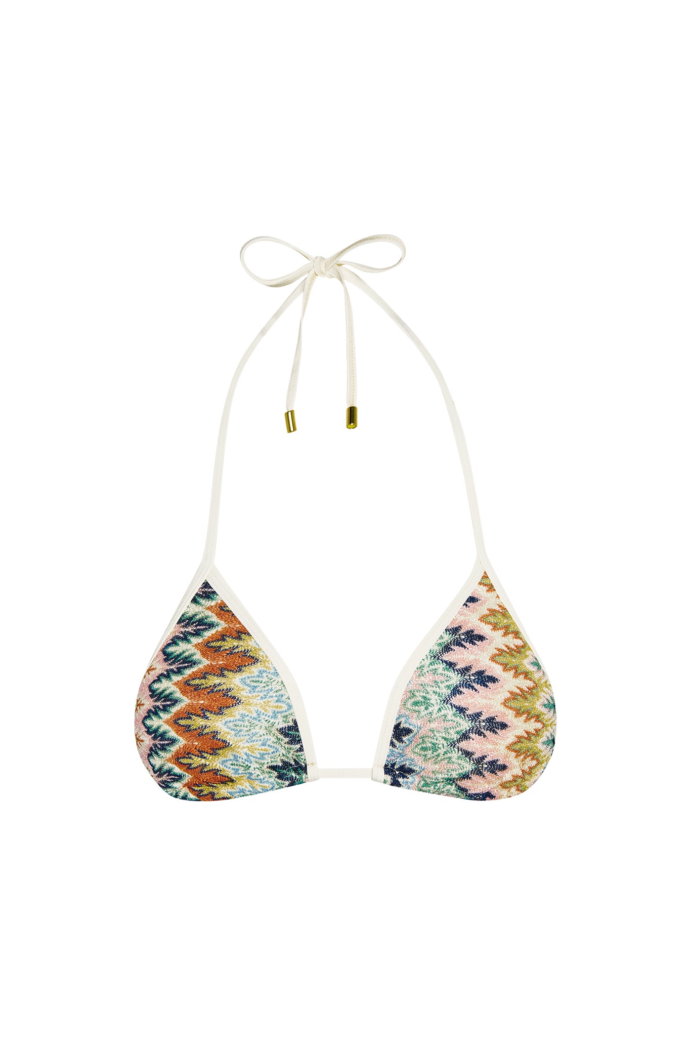 Front of Palma color-block bikini top showing multicolor zigzag cups and white halter tie with gold tips