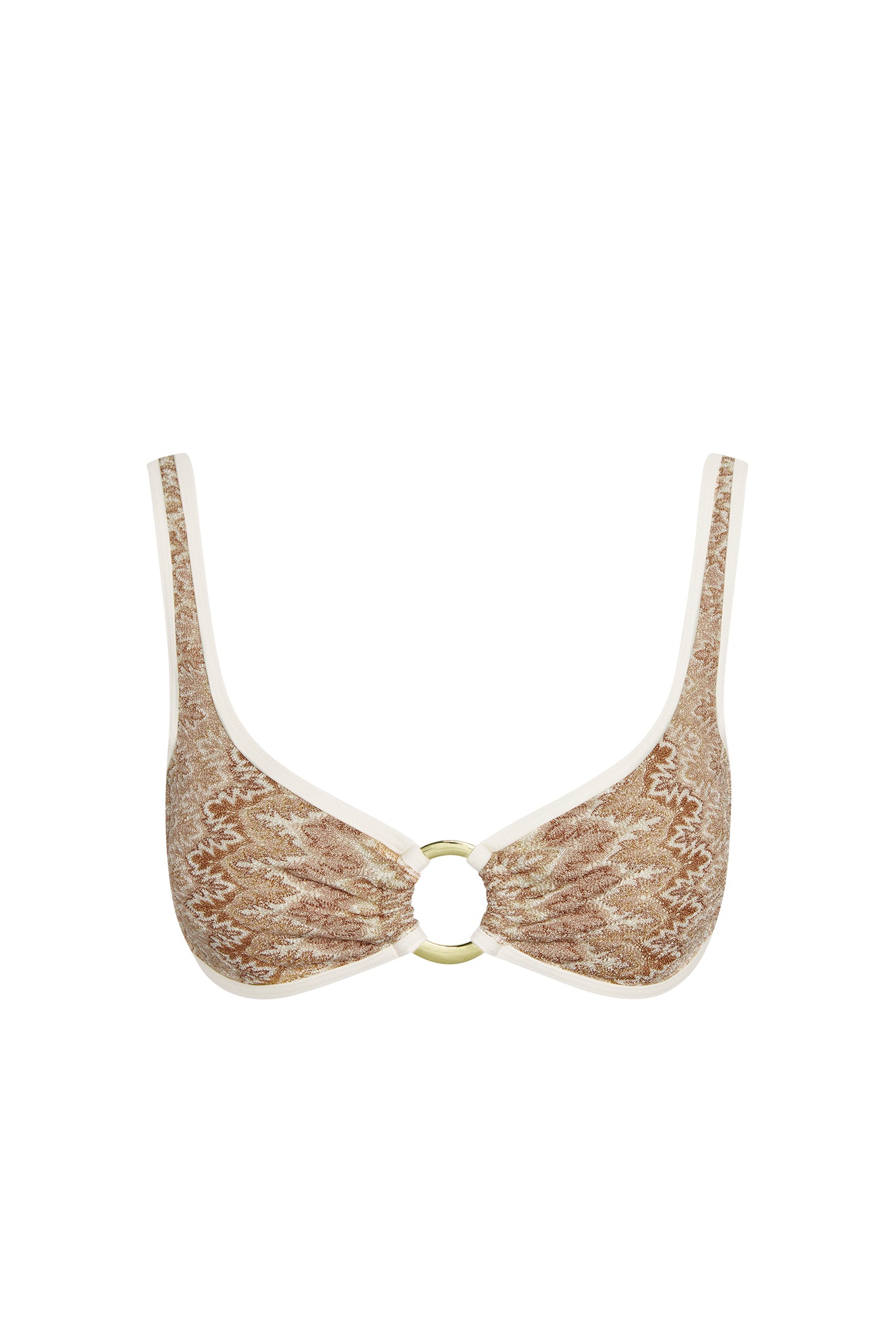 Front view of Barbuda Top Porto Cervo Gold showcasing gold center ring and paisley metallic fabric on white background
