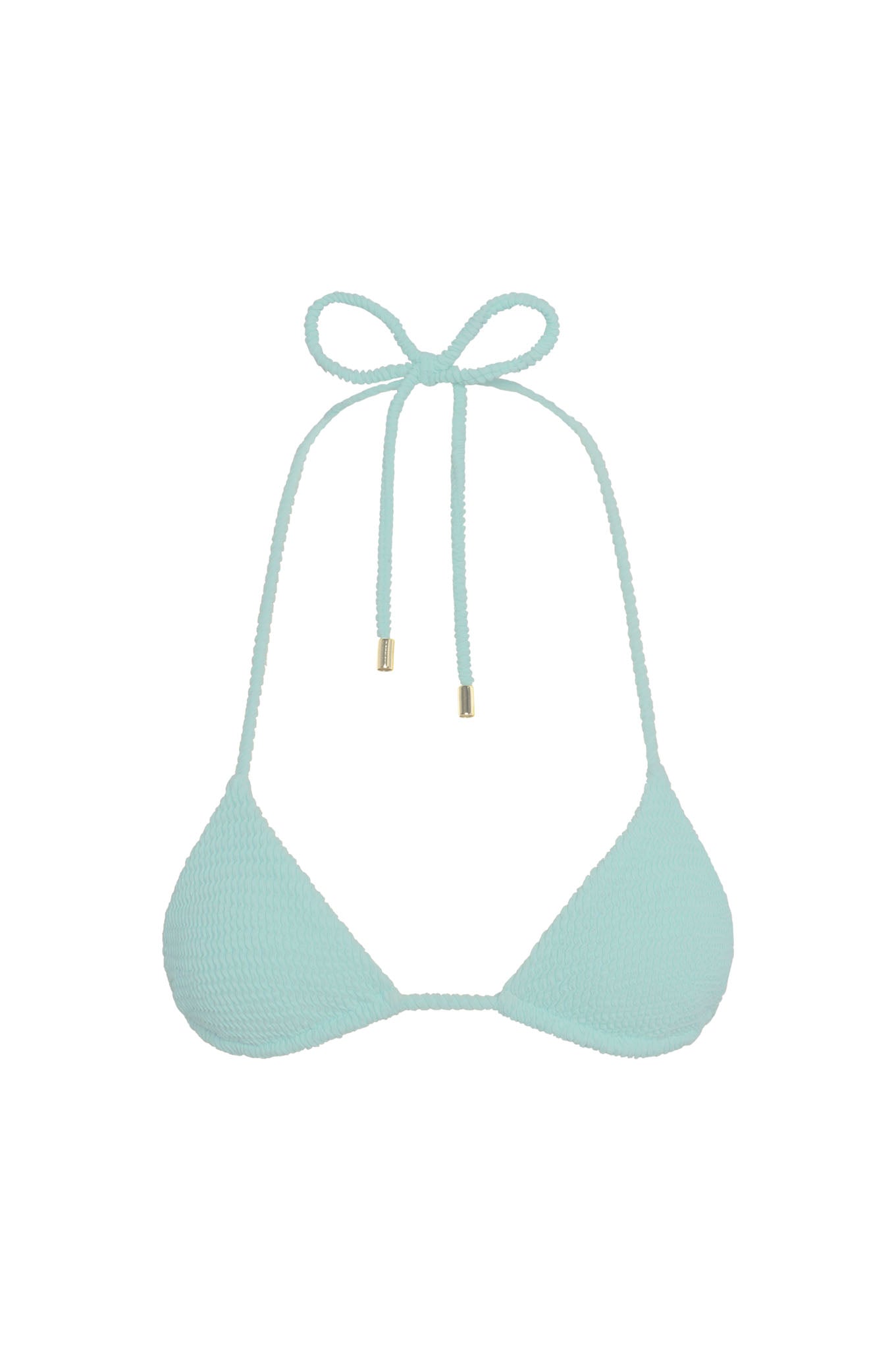 Front view of Taormina Top halter triangle bikini in light slate crinkle showing textured cups and gold-tipped ties on white