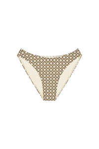 Front view of Seychelles Bottom in Tile Geo print showcasing high-cut bikini bottom with cream and brown geometric tile pattern on white background