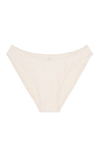 Front view of Seychelles bottom in ivory crochet showing modest coverage and textured crochet overlay on white background