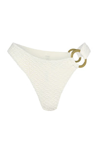 Front view of Bronte Bottom in Ivory Crochet showcasing textured crochet fabric and gold-tone double ring side hardware on white background
