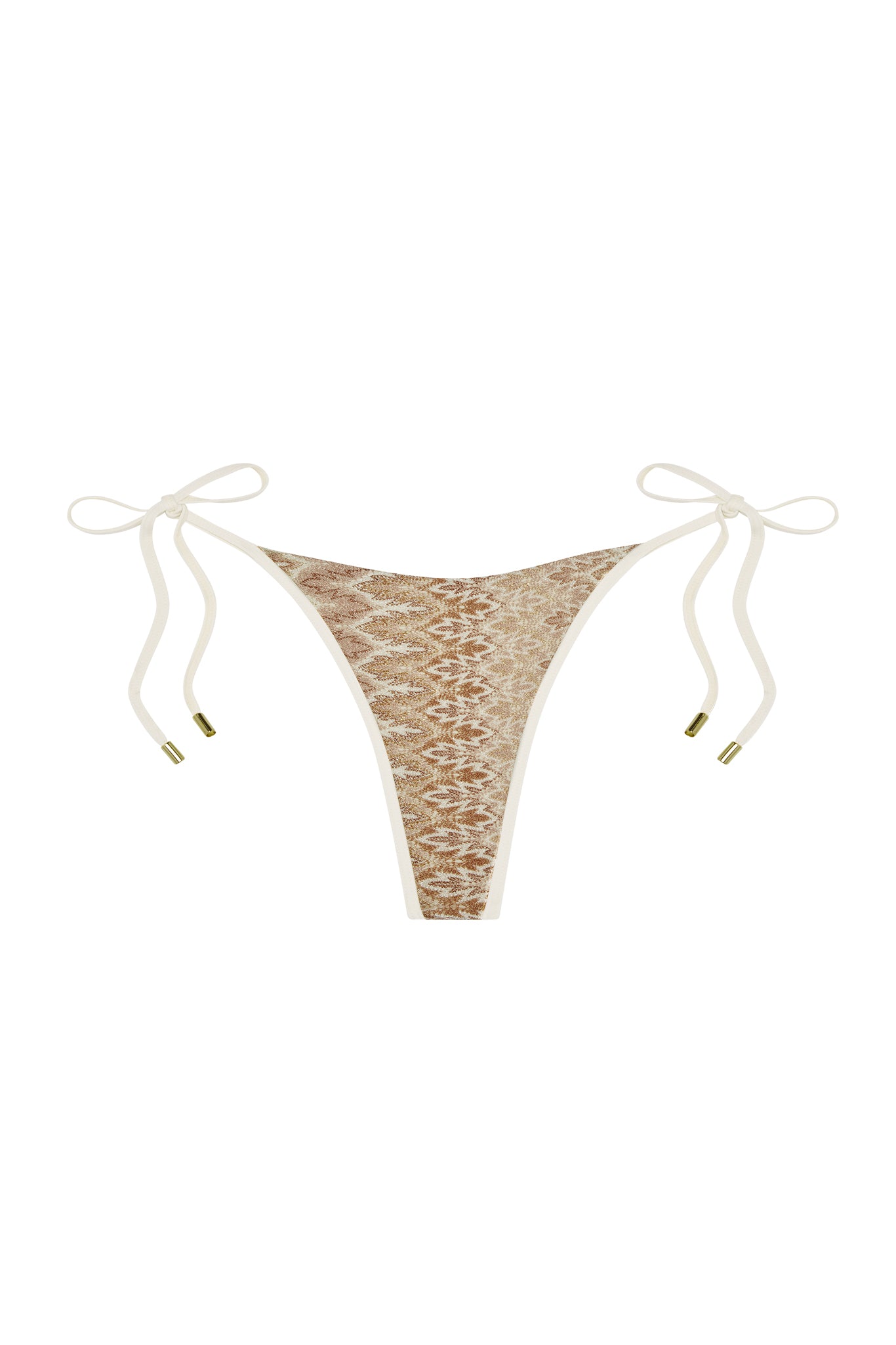 Front view of Palma Thong bikini bottom in Porto Cervo Gold, high-cut V front with cream tie sides and gold tips on white