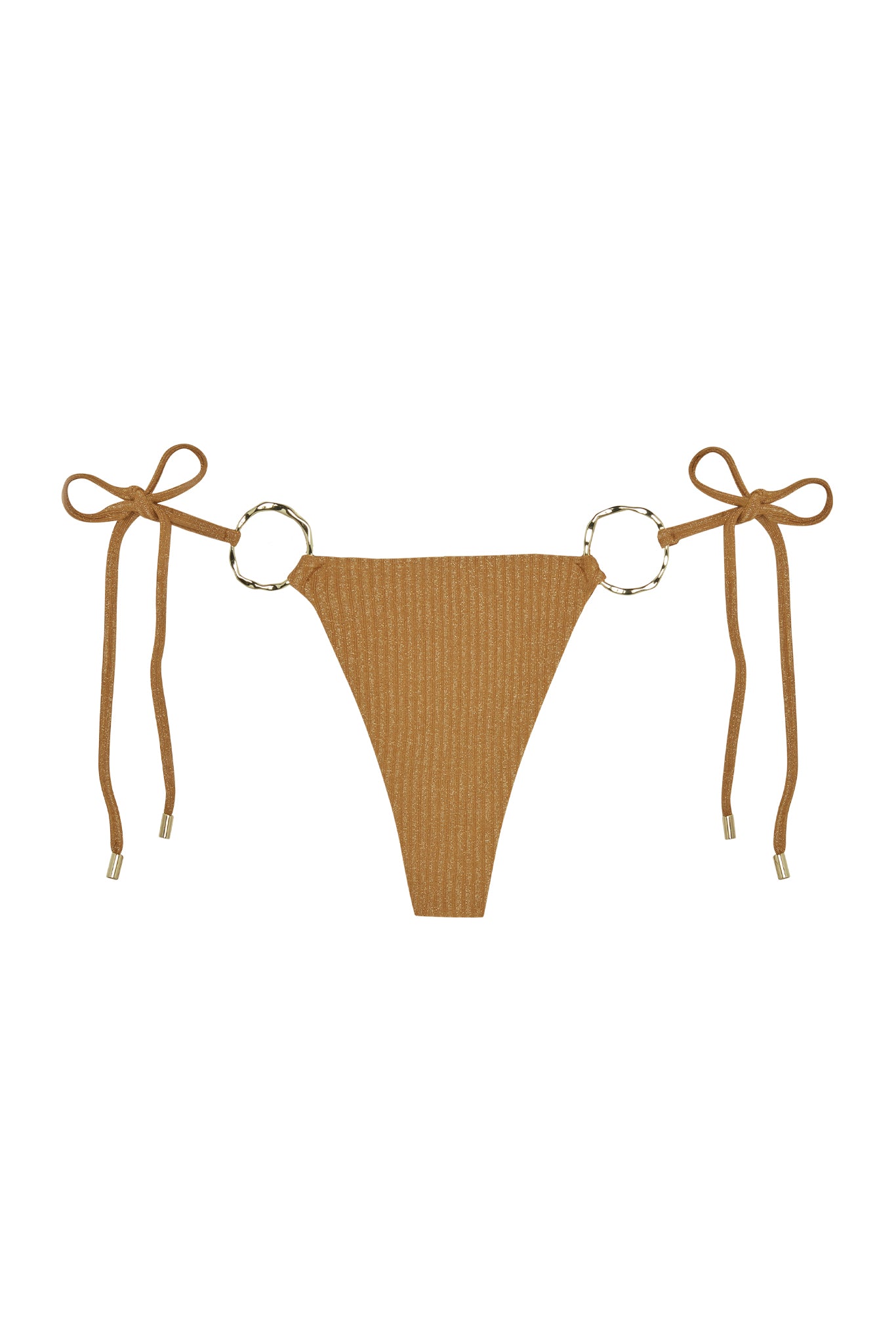 Front view of Cannes bottom in Gold Lurex Rib with ribbed shimmer fabric, adjustable side ties and gold ring on white