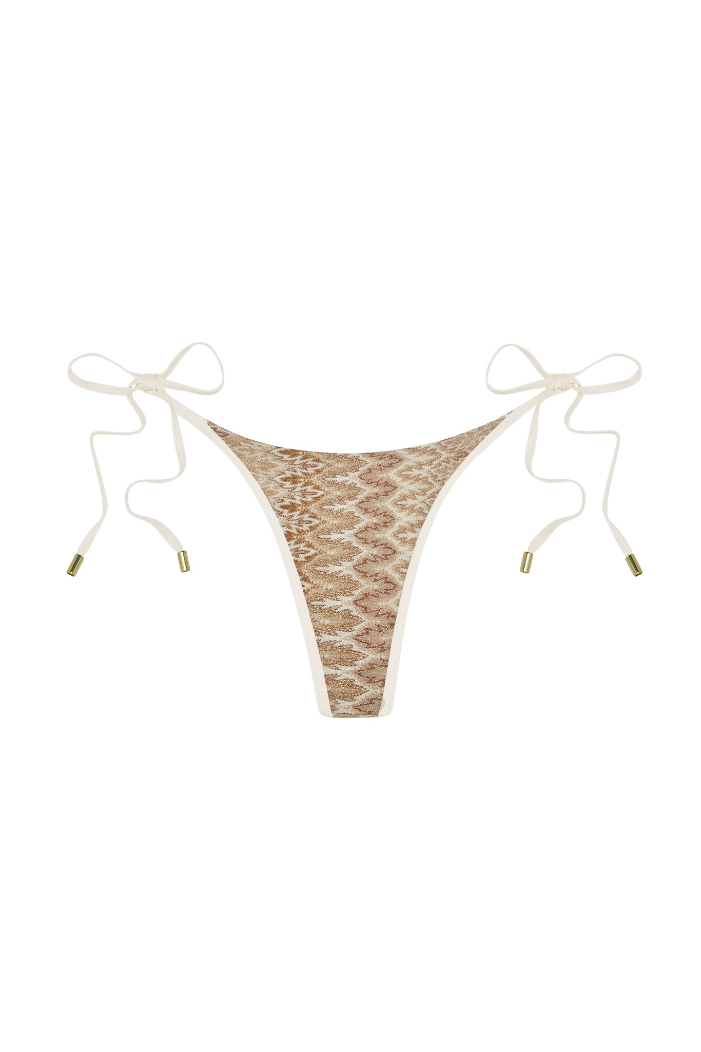 Front view of Palma bottom in Porto Cervo Gold showing high-cut V front and tie-side straps with gold tips on white background