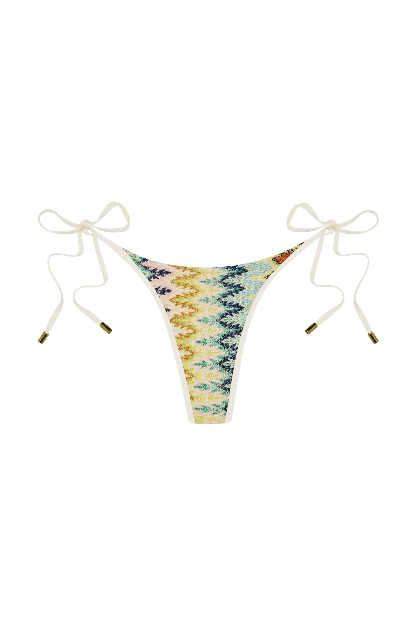 Front of Palma tie-side bikini bottom with multicolor zigzag print and cream ties with gold tips