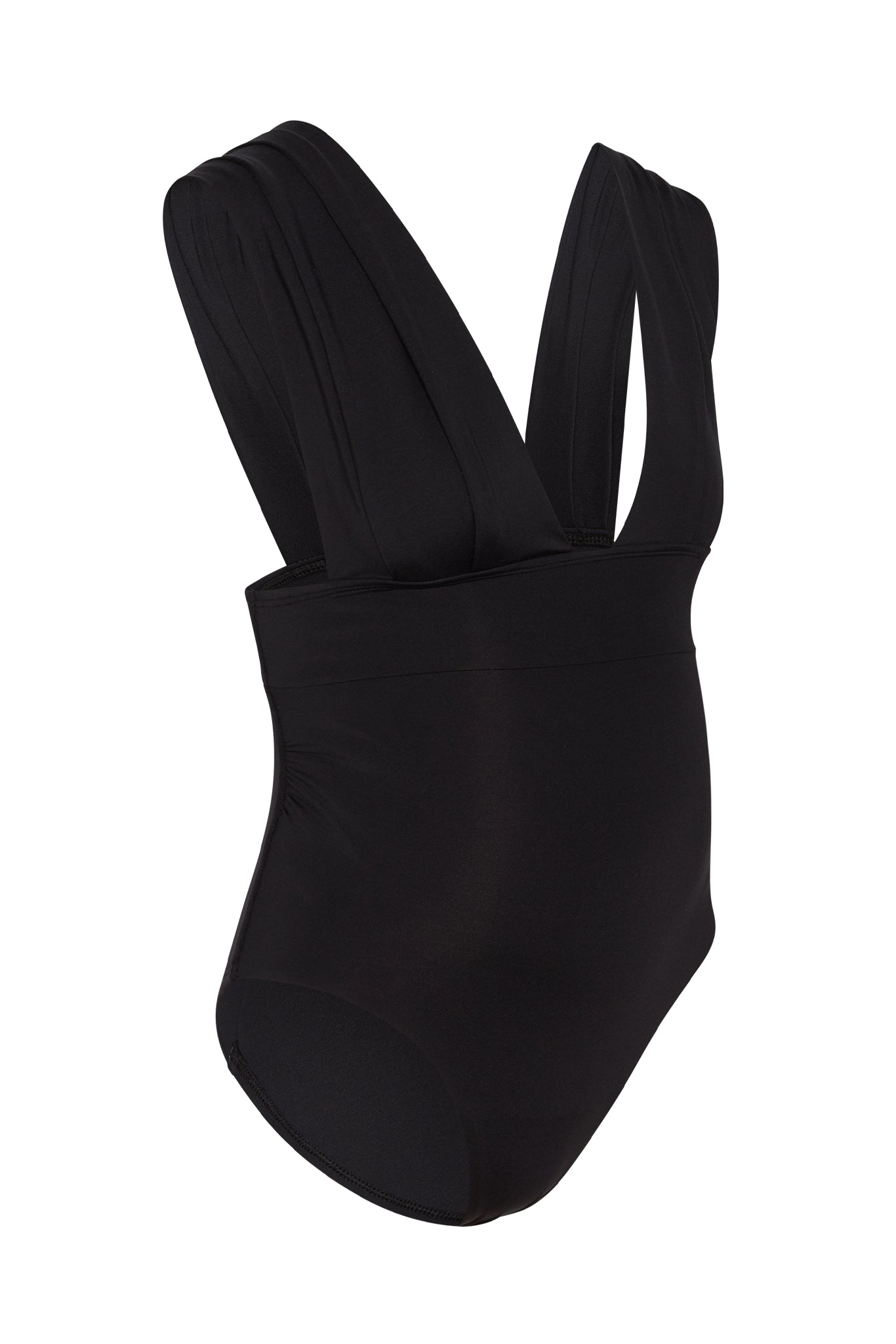 Black one-piece swimsuit with deep V front and wide gathered shoulder straps.