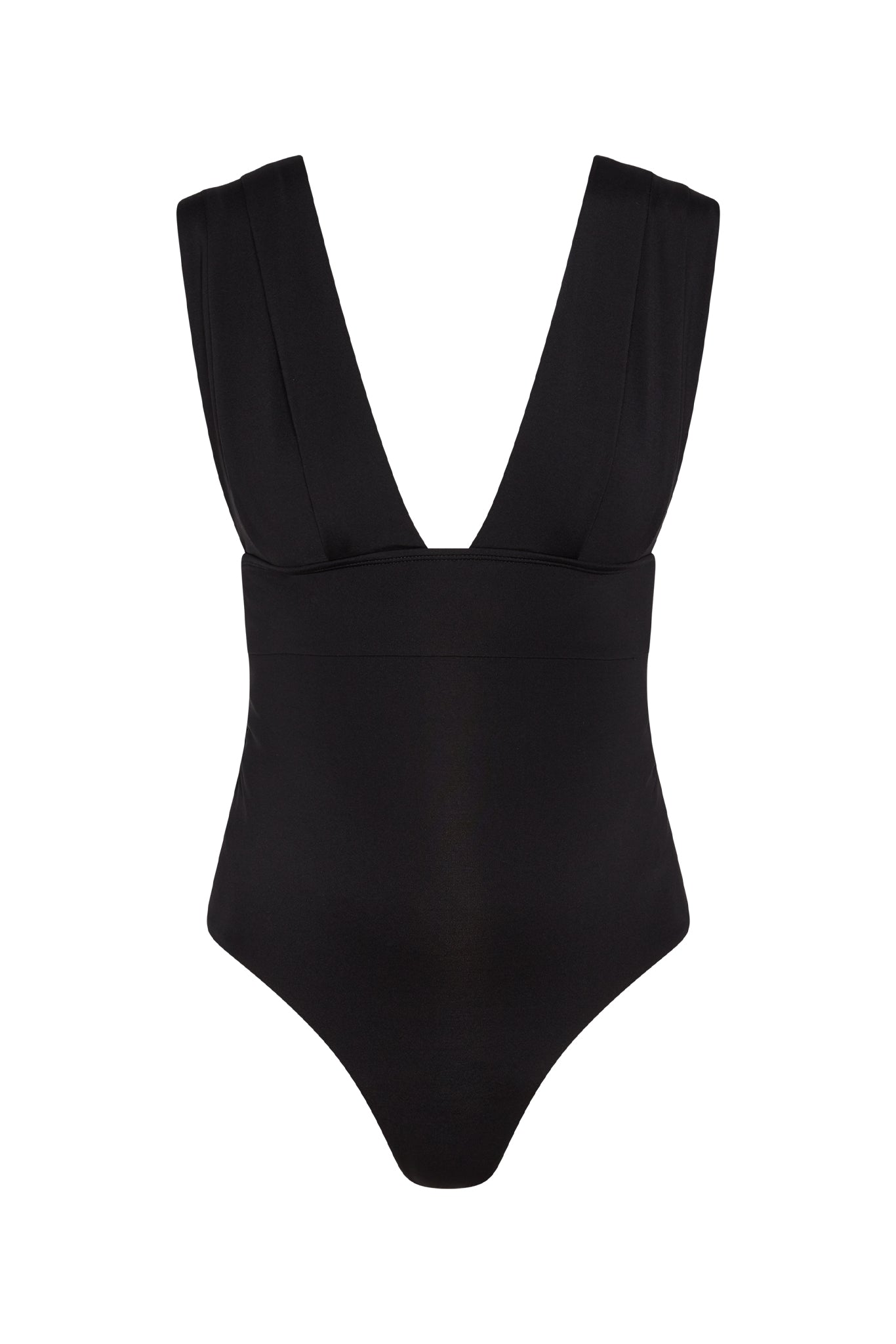 Black one-piece garment with deep V-neck and wide shoulder straps