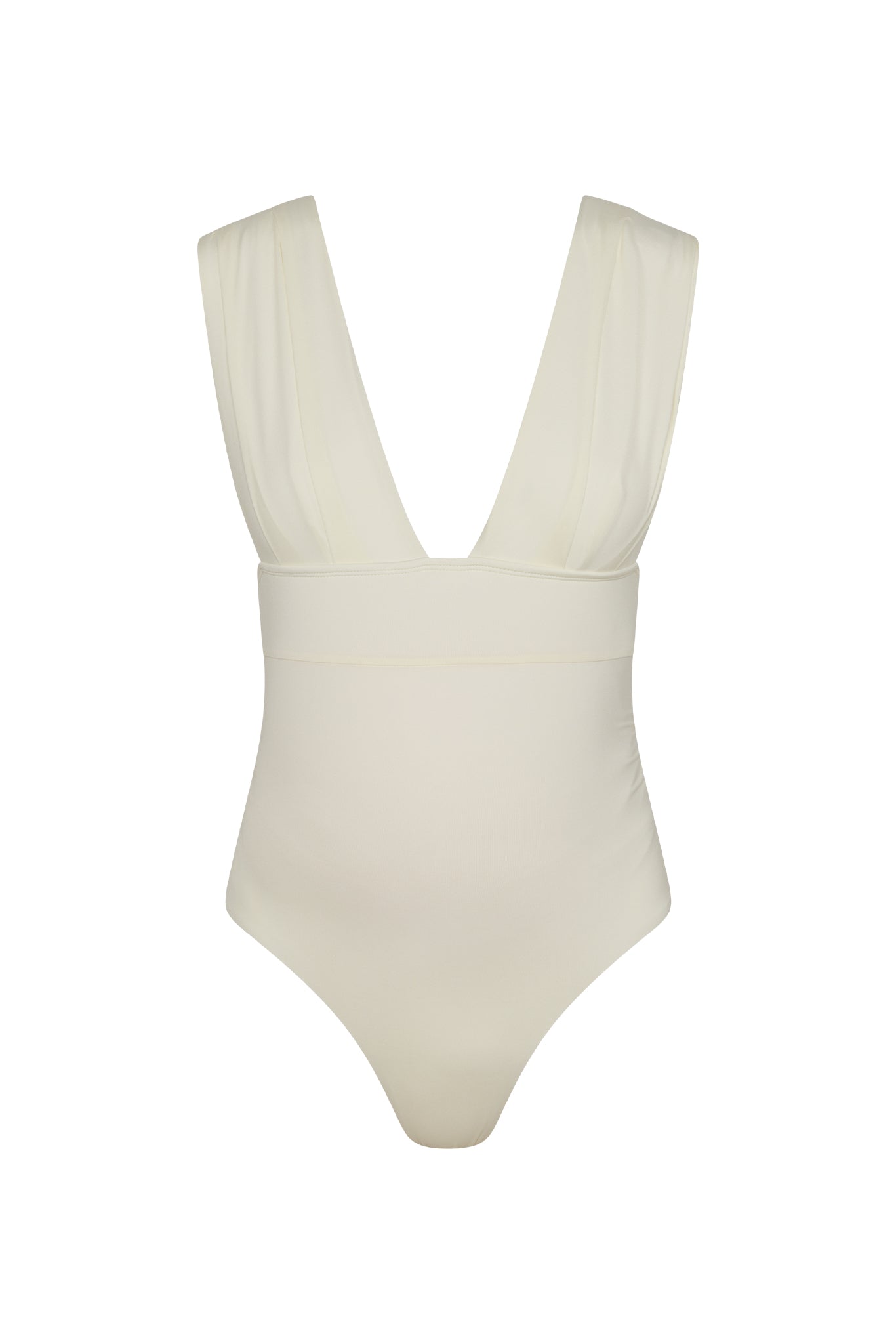Cream one-piece swimsuit with deep V-front, wide shoulder straps and high-cut leg