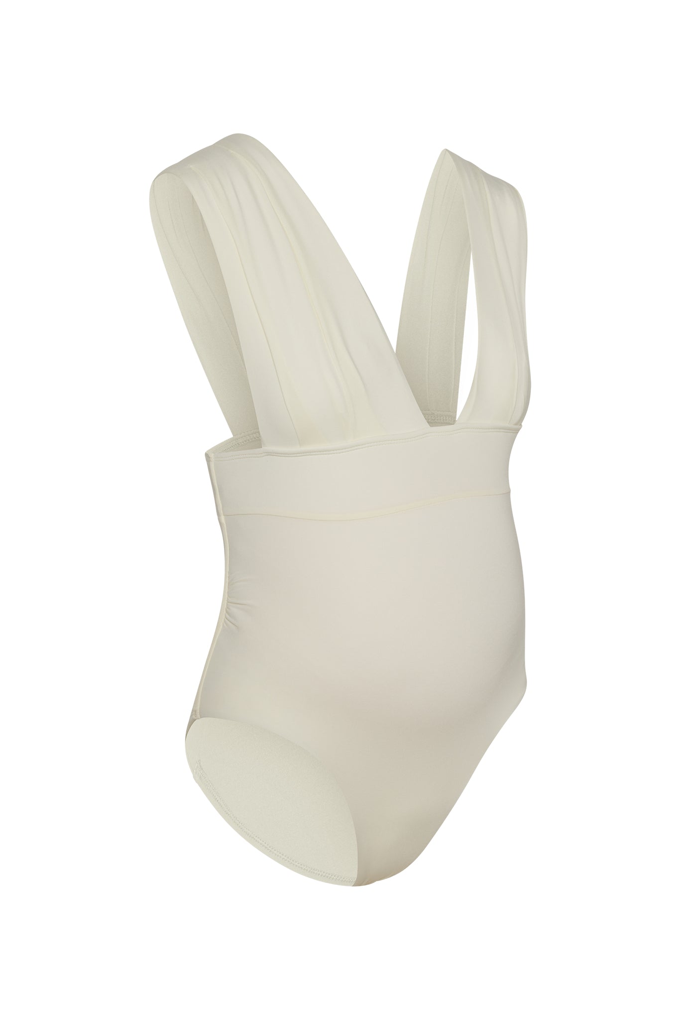 Cream maternity shaping bodysuit with wide pleated shoulder straps and high-cut leg on white background.