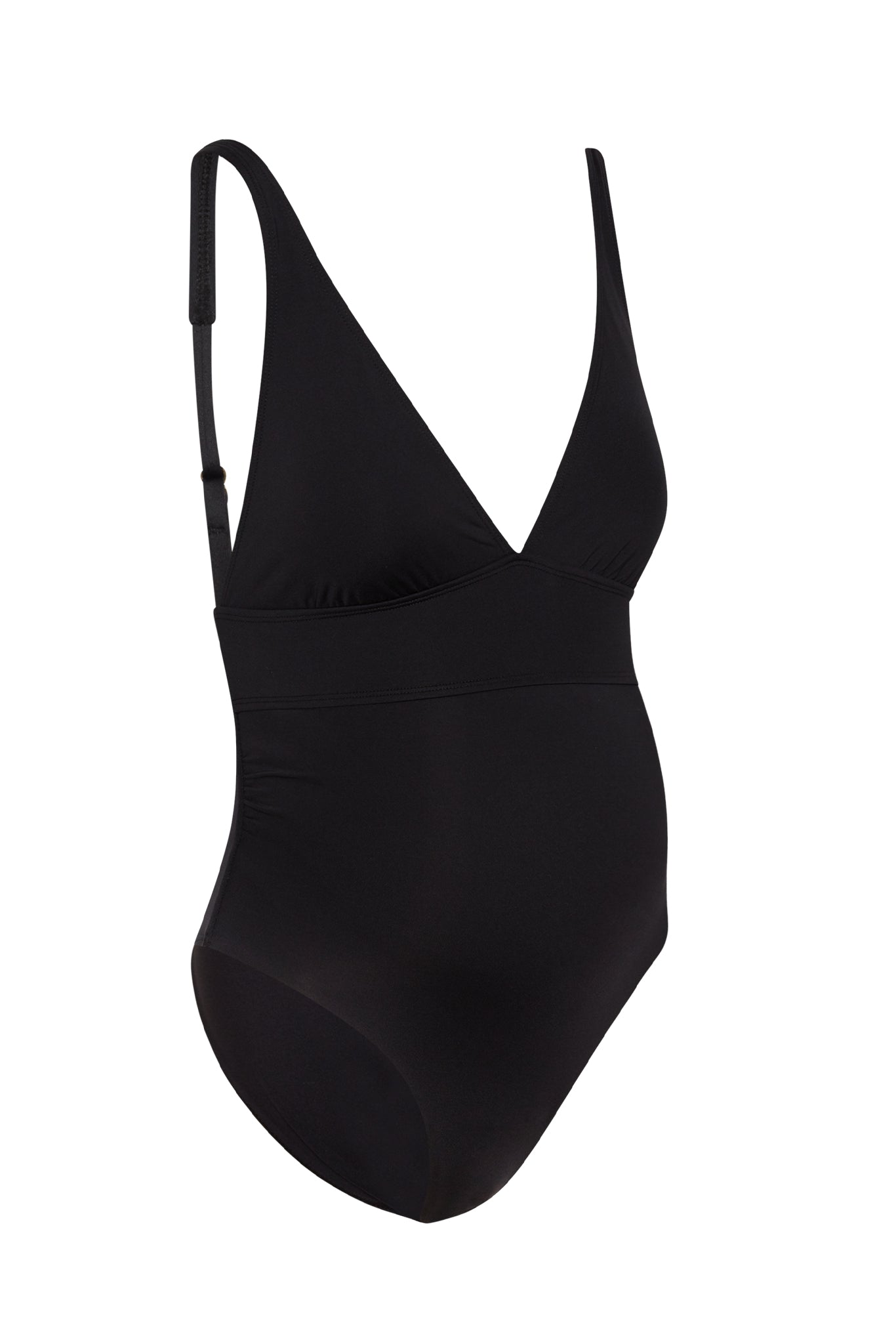 Black one-piece maternity swimsuit with deep V-neck, adjustable shoulder straps, and underbust band.