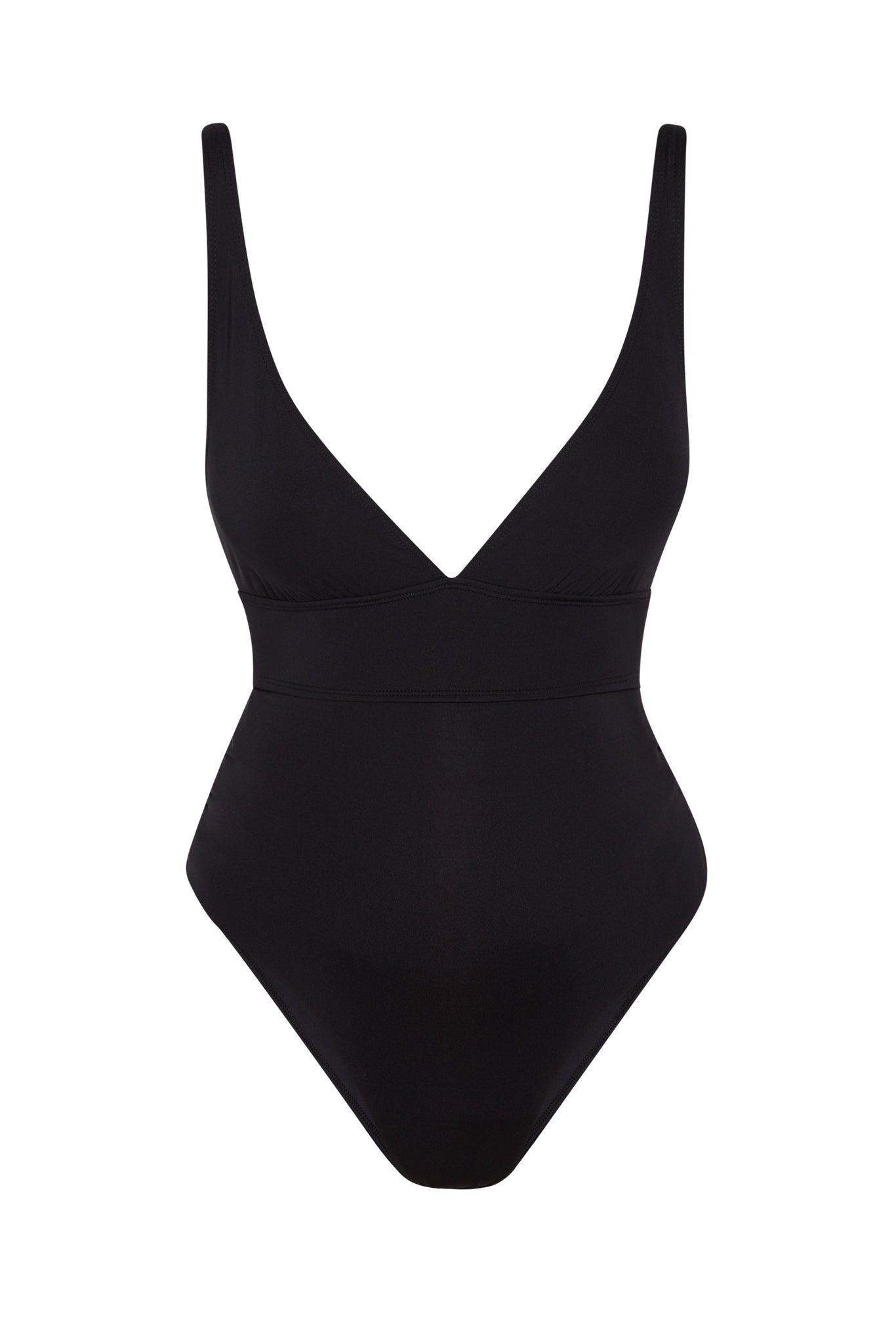 Black one-piece swimsuit with deep V-neck, underbust band, and high-cut leg silhouette on white background.