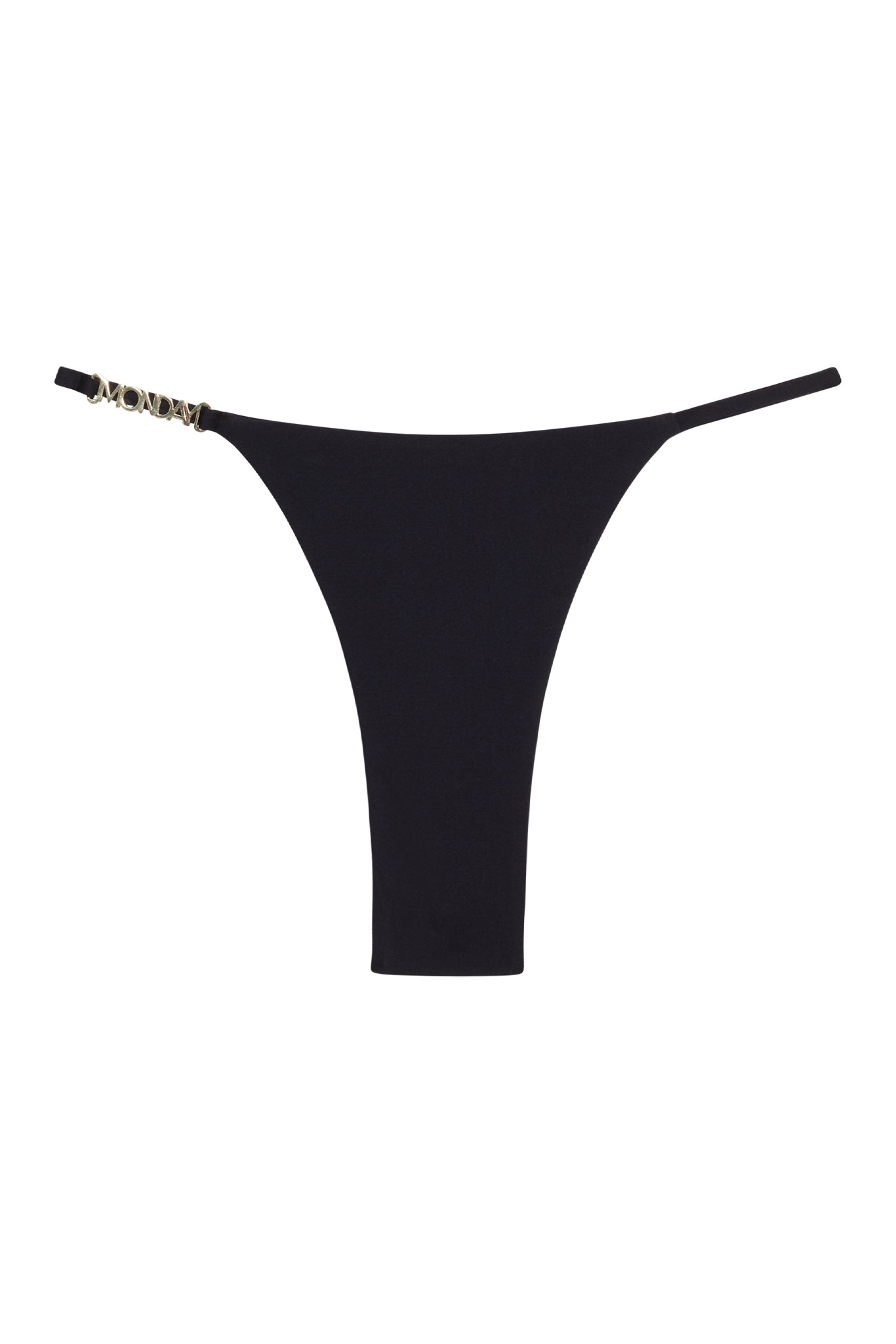 Black thong-style bikini bottom with gold 'MONDAY' lettered detail on left side strap.