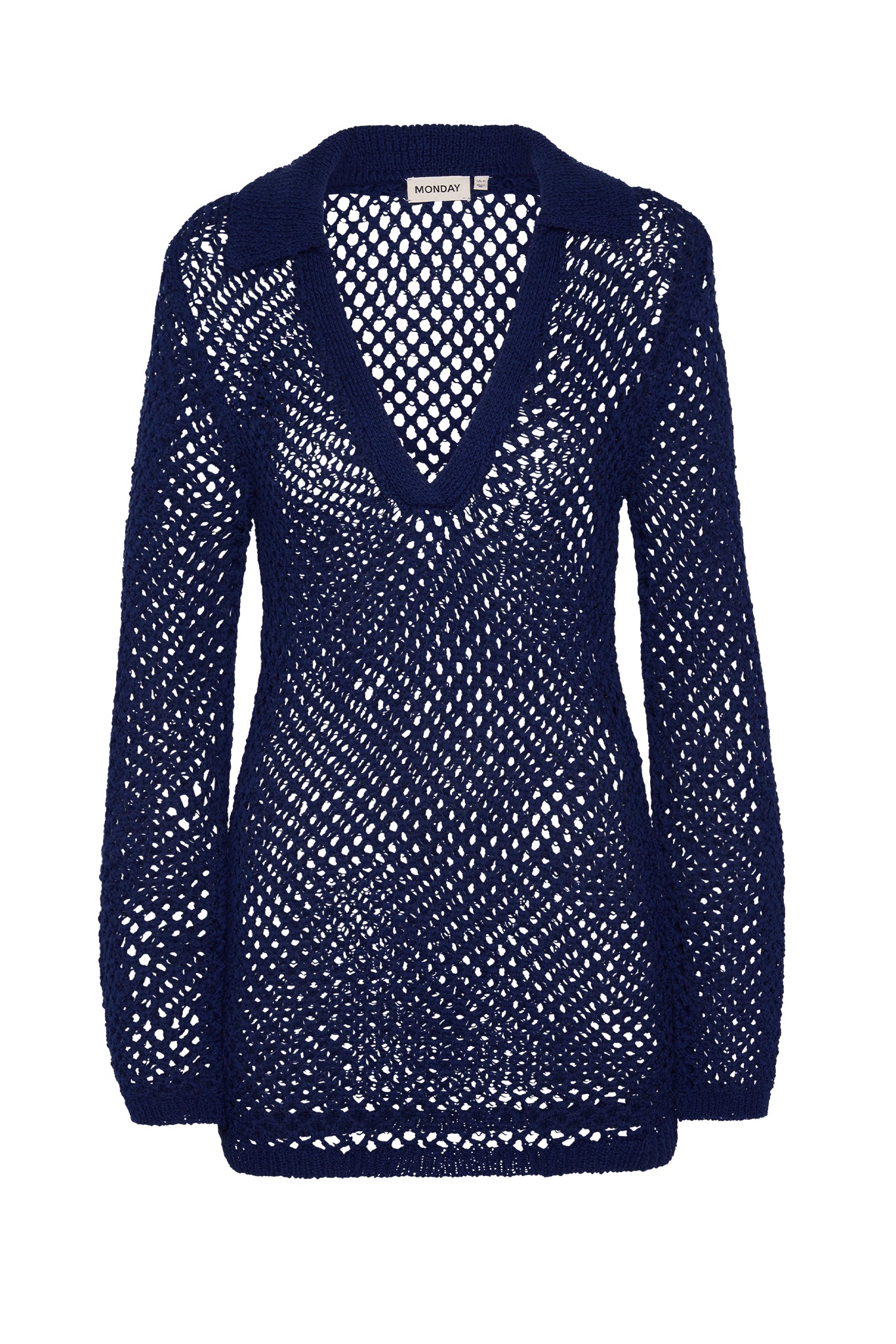 Navy open-knit V-neck sweater with collar and long sleeves, visible label reading MONDAY.