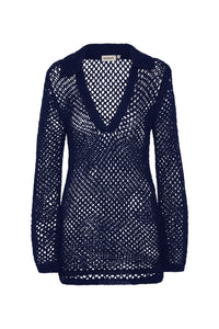 Front view of Newport Dress in Midnight Crochet showing open-knit design, V-neck, collar and long sleeves on white background