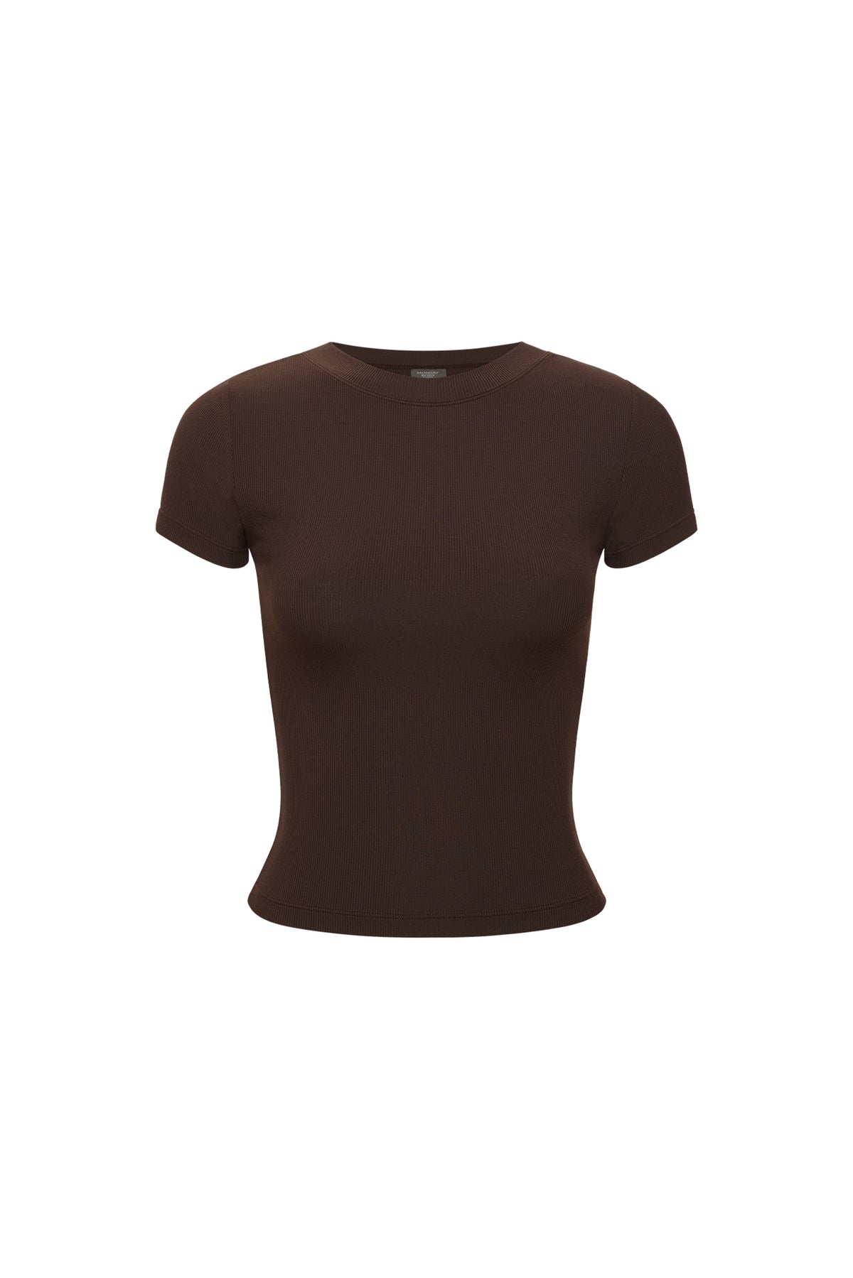 Front view of Ojai Tee Long in Espresso Light Weight Rib showcasing crew neck, short sleeves, and lightweight rib with white background