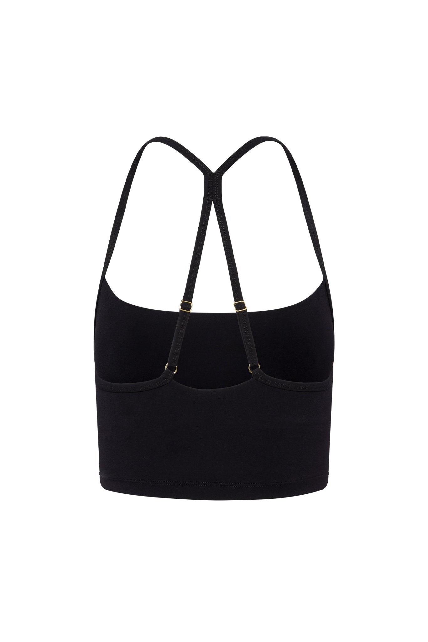 Black longline camisole, back view, racerback straps with adjustable gold-tone sliders