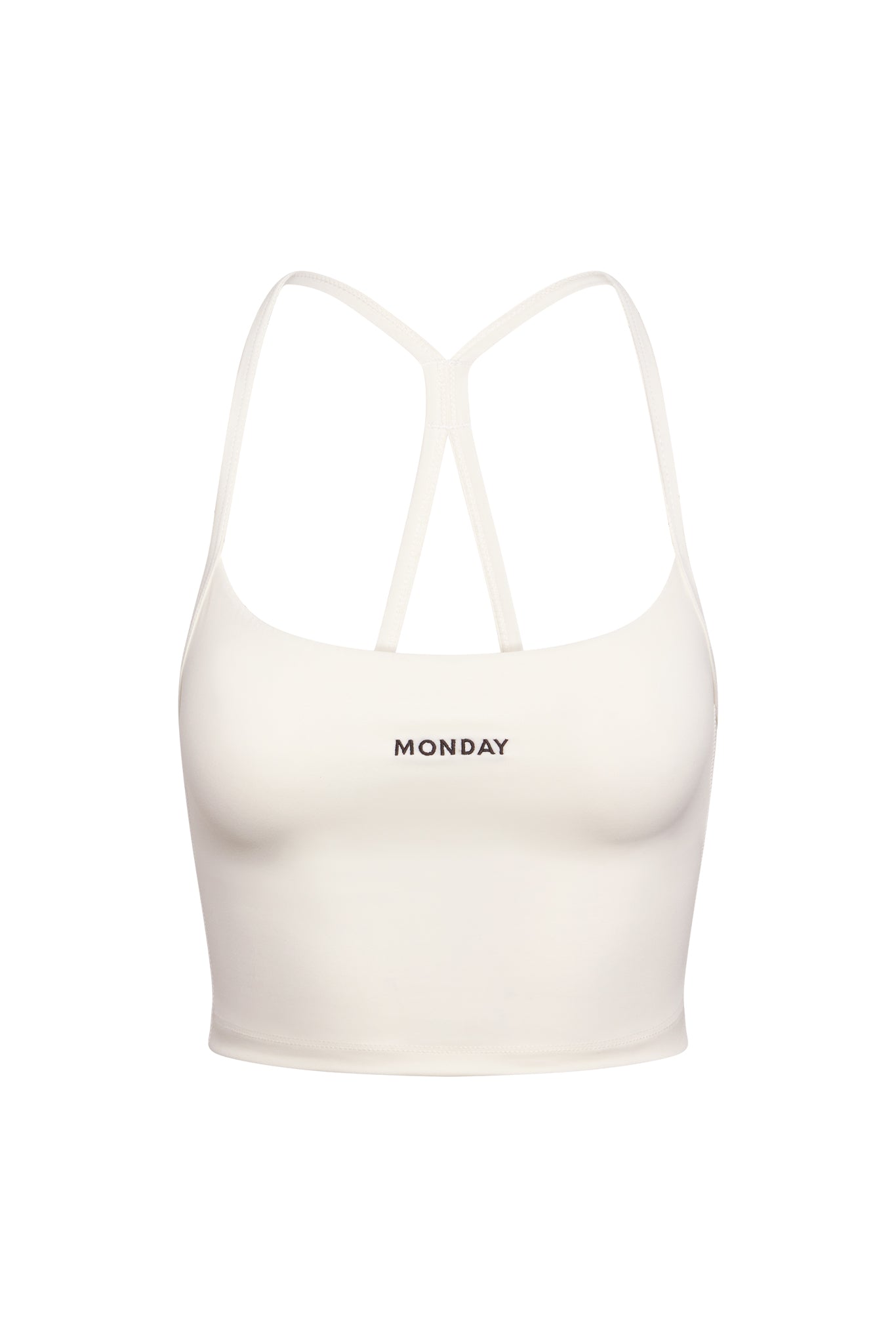 White cropped racerback tank top with MONDAY printed on front