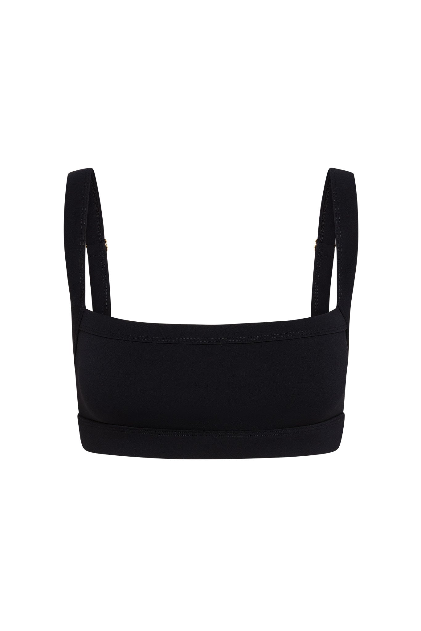 black square-neck bikini top with wide straps, front view on white background