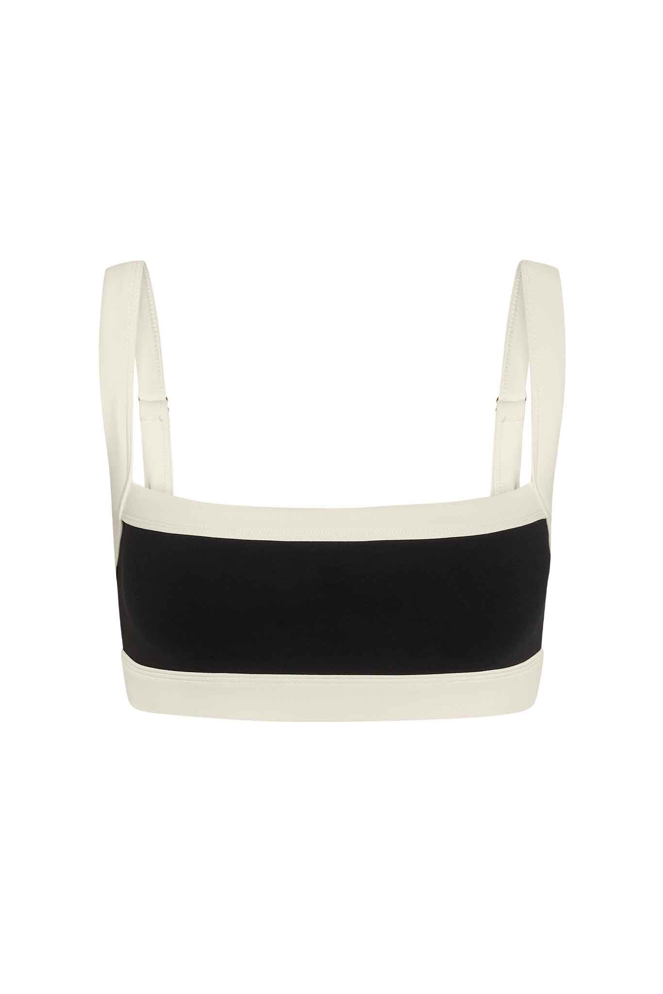 Color-block square-neck cropped bra top, black body with ivory straps and trim.