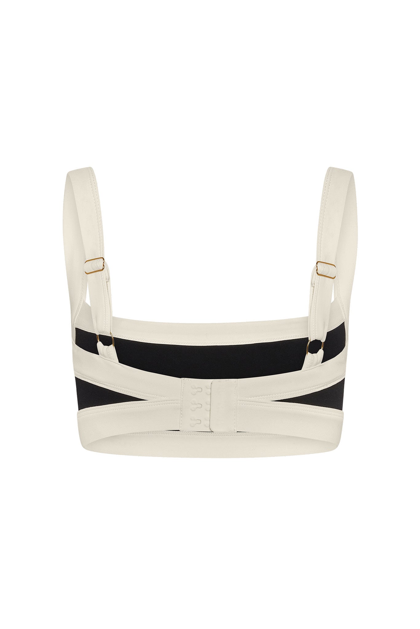 Ivory bra back view with adjustable straps, black back panel and three-row hook-and-eye closure.