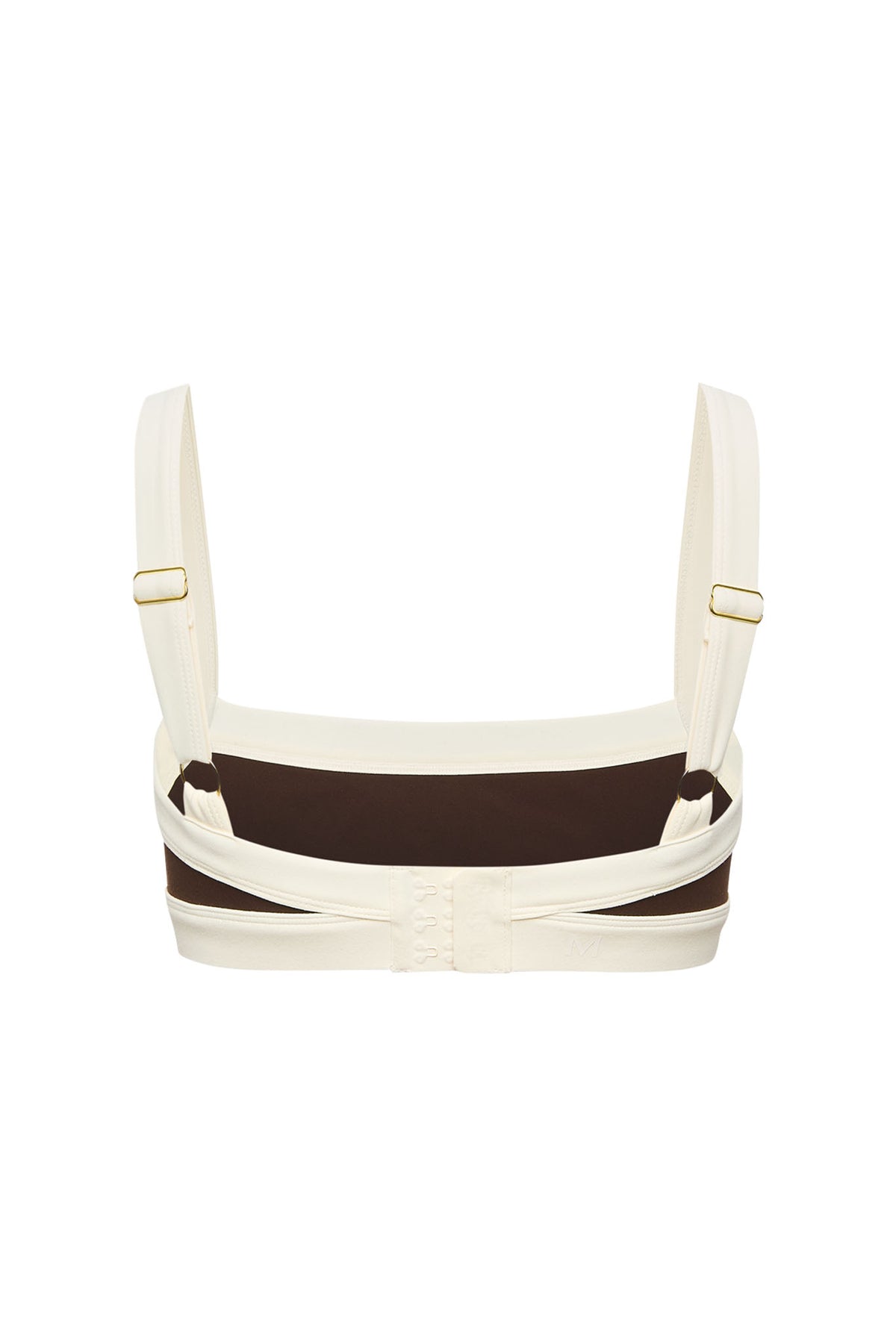 Back view of Outpost Bra in Espresso/Ivory showcasing adjustable straps and three-hook closure on white background
