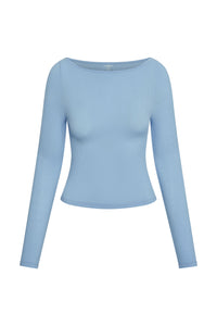 Front view of Paddington long-sleeve cropped crew in sky blue ribbed fabric on white background