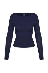 Front view of Paddington Long Sleeve top, midnight lightweight rib, boat neckline and fitted waist on white background