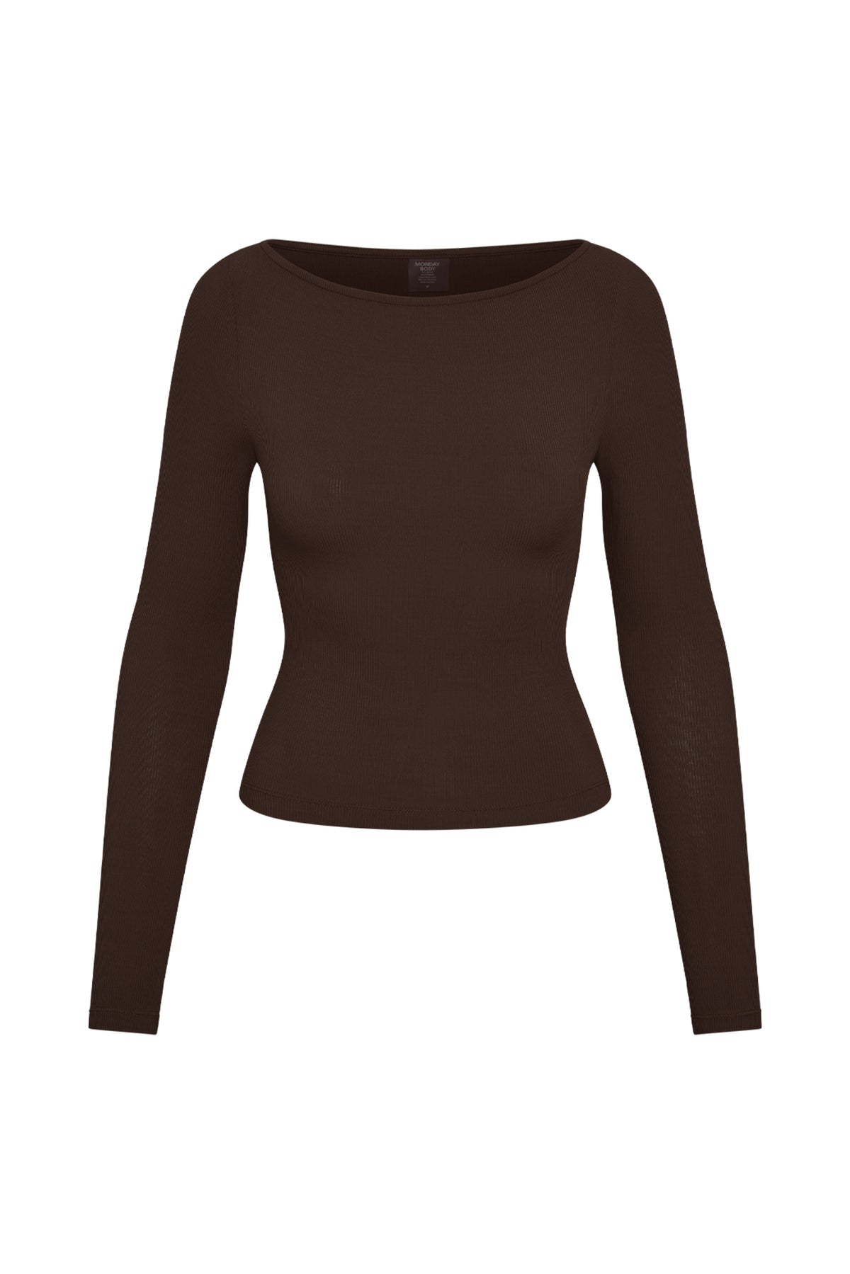Front view of Paddington Long Sleeve Top in Espresso Light Weight Rib showcasing cropped crew and long sleeves on white