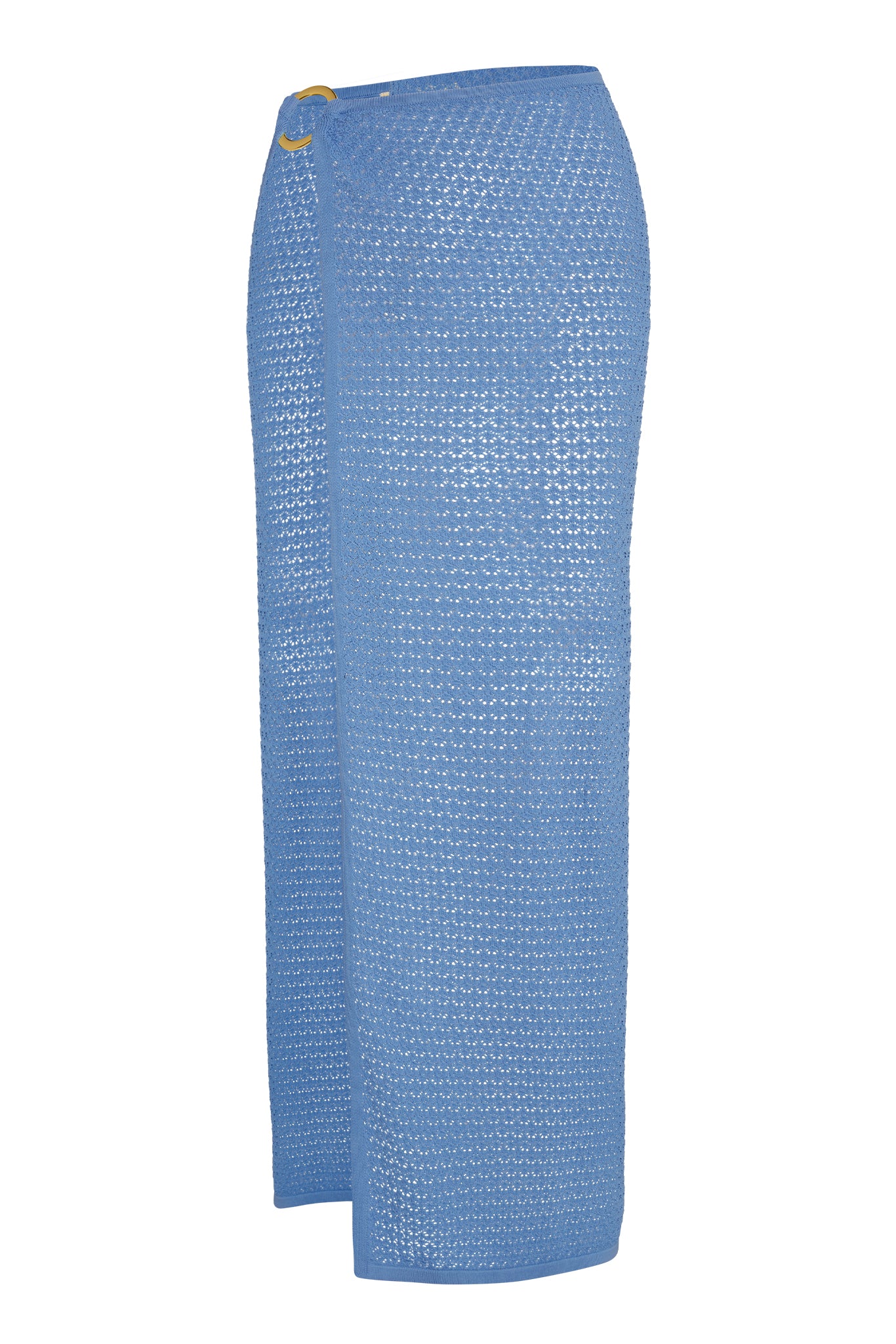 Blue ankle-length crochet knit wrap skirt with sheer textured pattern and gold ring buckle at the waist