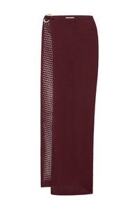 Front view of Deep Burgundy Lace Crochet Palermo Skirt showcasing gold ring detail, side slit, and sheer fabric