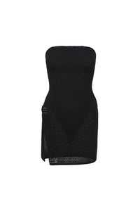 Front view of Palermo strapless mini dress in black lace crochet with openwork hem on white background