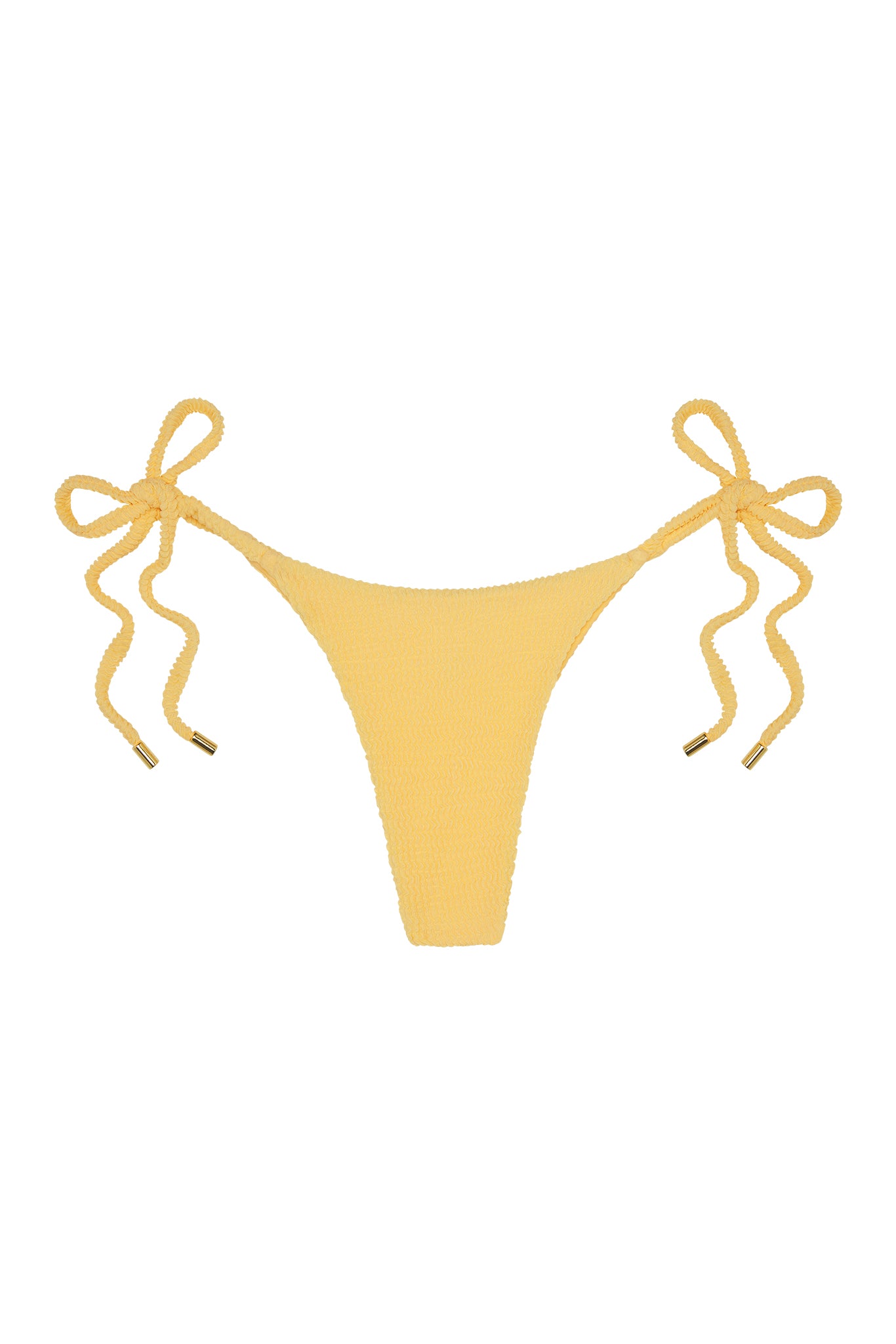 Yellow textured tie-side bikini bottom with ruched side ties and gold-tipped string ends, centered on white background.
