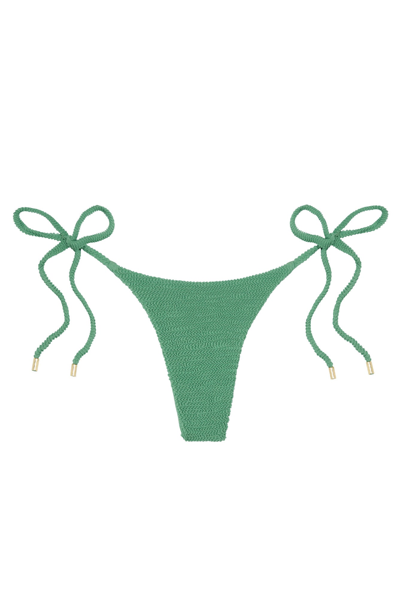 Green textured bikini bottom with side-tie strings and gold end caps