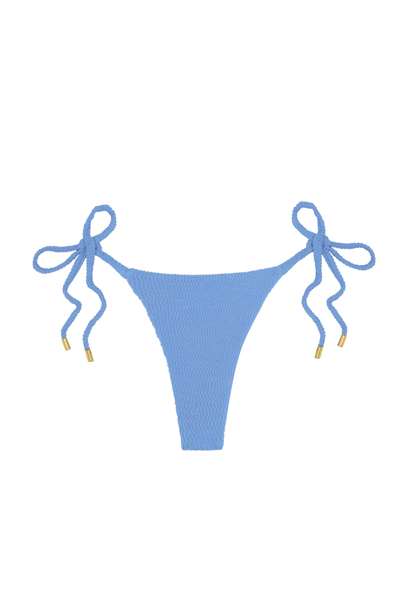 Blue textured tie-side bikini bottom with gold-capped drawstrings, front view on white background.