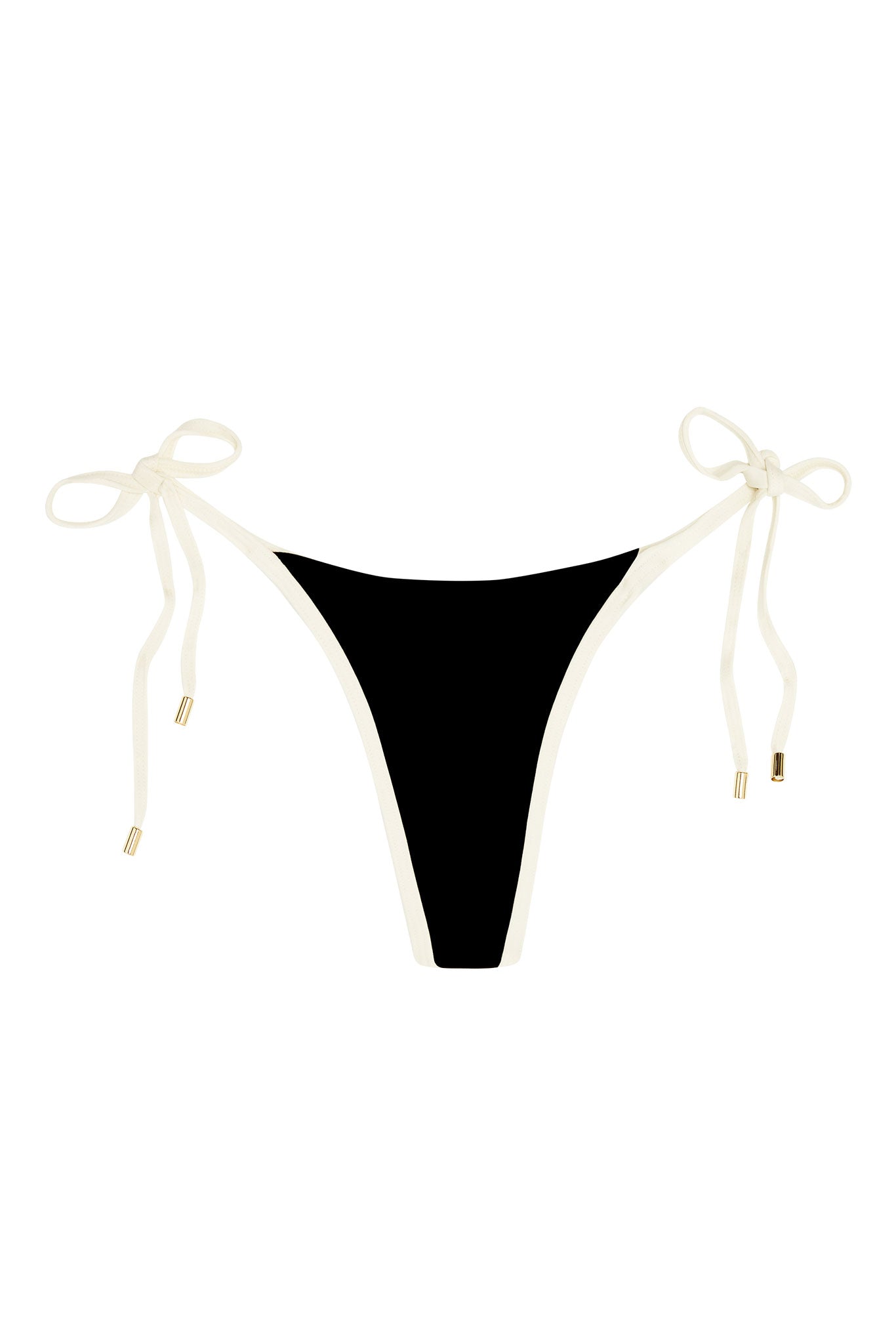 Black bikini bottom with cream side ties and gold-tone tips