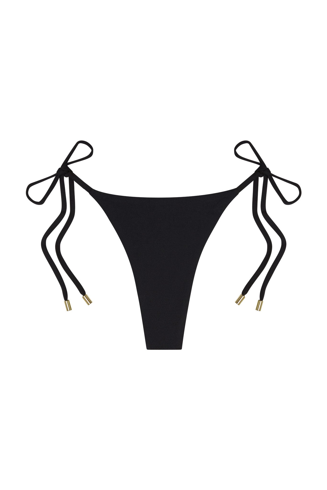Black tie-side bikini bottom with gold-tipped string ends and high-cut front