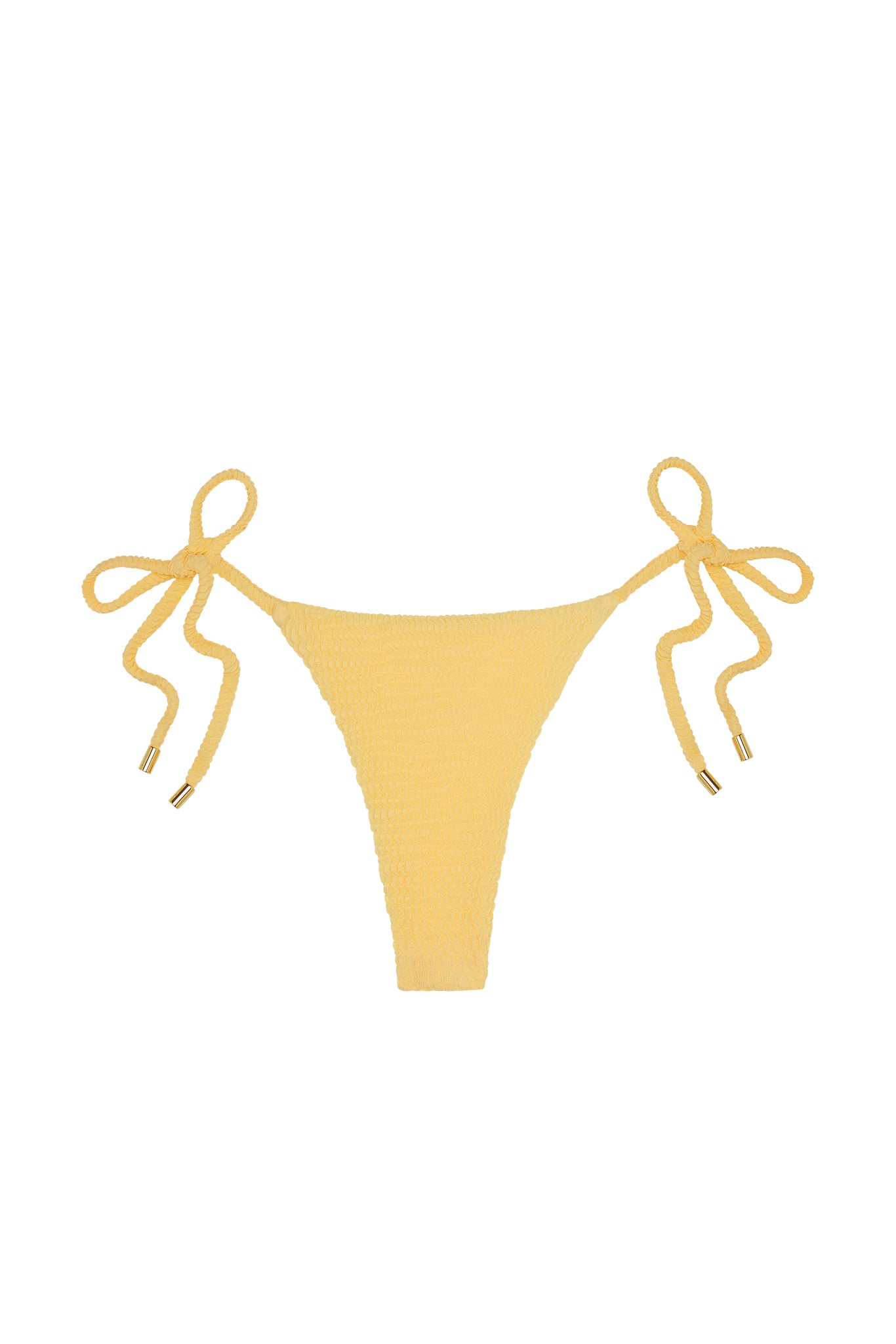 Yellow textured bikini bottom with side tie straps and gold end caps on white background