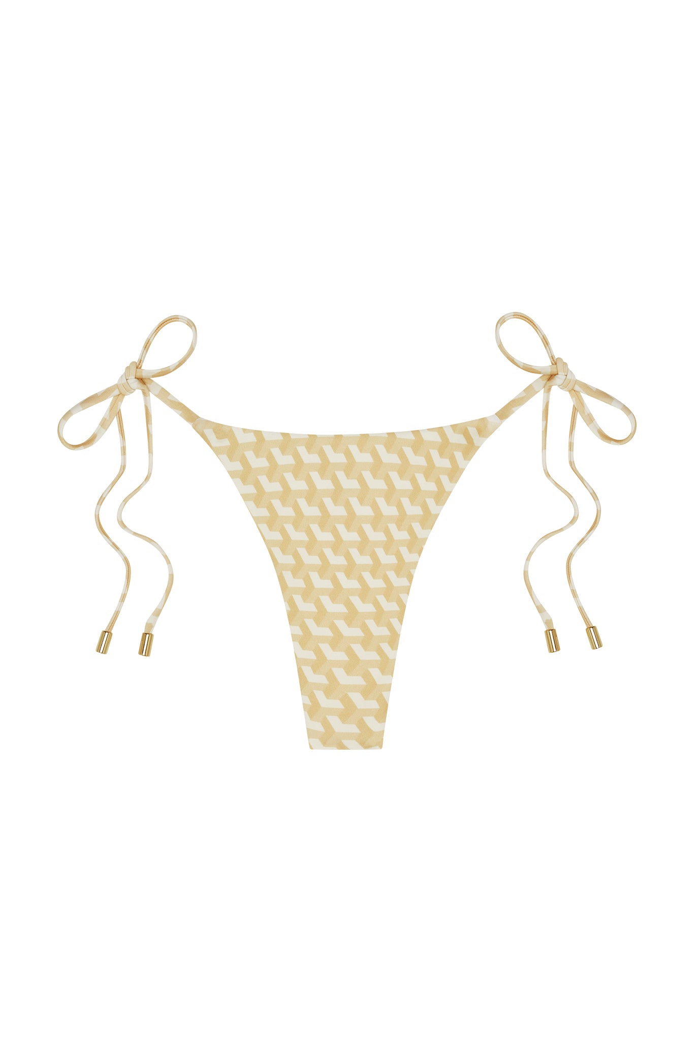 Yellow geometric-print tie-side bikini bottom with gold-tipped ties